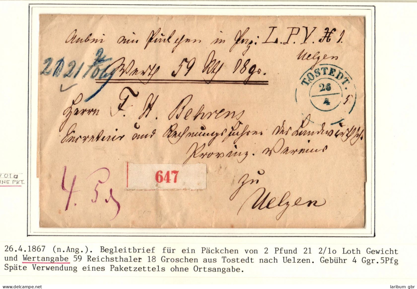 Hannover Paketbegleitbrief Für Paket Mit 59 Reichsthaler Nach Uelzen #IB856 - Hanovre