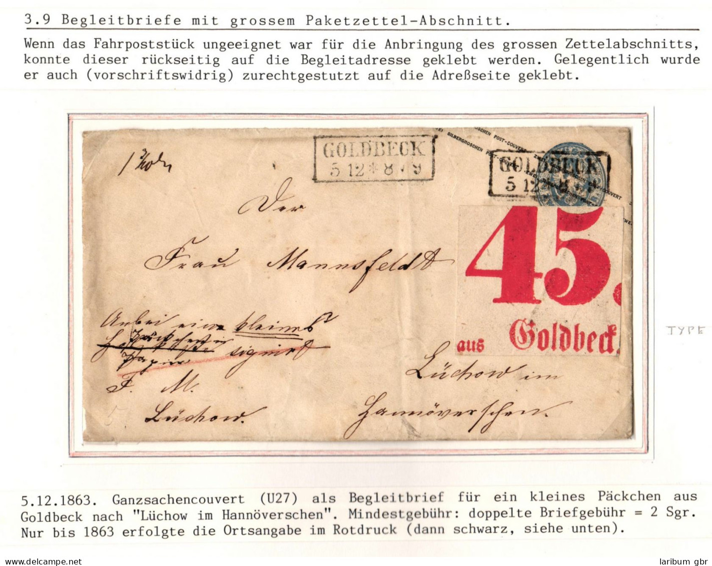 Preußen Ganzsache U27 Mit Gr. Zettelabschnitt Vorderseitig Aus Goldbeck #IB707 - Enteros Postales