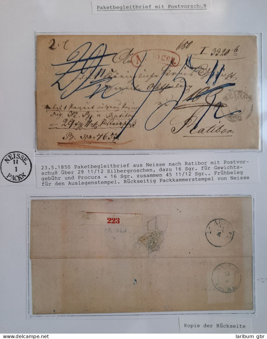 Preußen Paketbegleitbrief Mit Postvorschuss Und Auslagenstempel Von 1850 #IB723 - Storia Postale