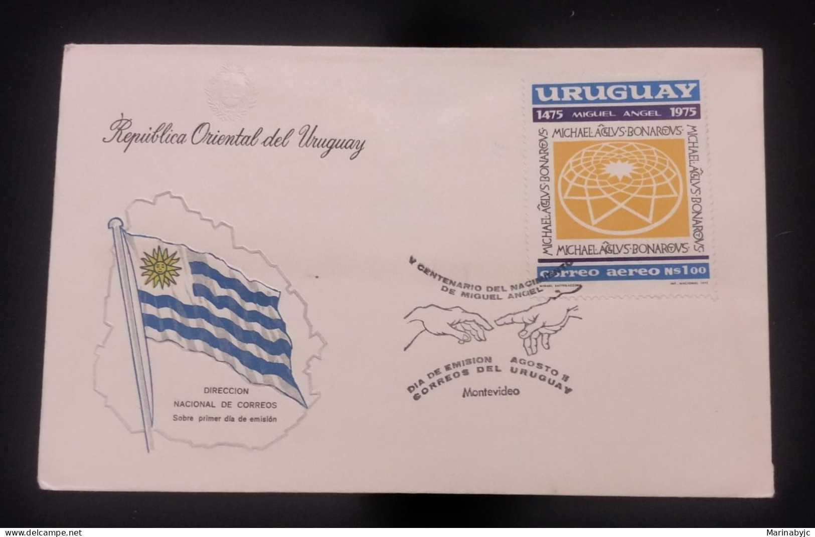D)1975, URUGUAY, FIRST DAY COVER, ISSUE, V CENTENARY OF THE BIRTH OF MIGUEL ÁNGEL, 1475-1564, AIR, FDC - Uruguay