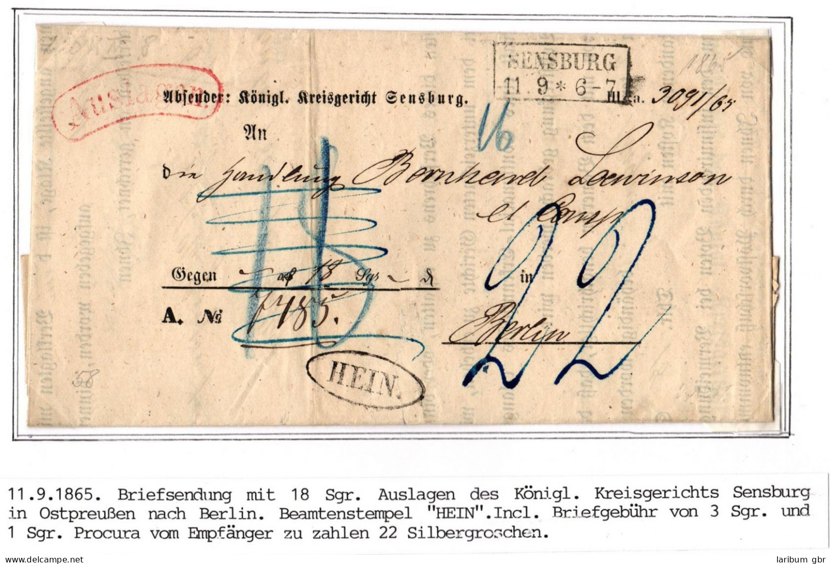 Preußen Paketbegleitbrief Mit Postvorschuss Auslagen Beamtenstempel #IB727 - Lettres & Documents