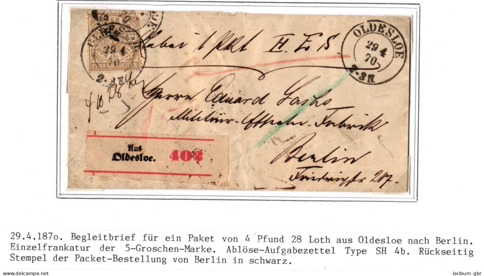 Norddeutscher Bund Paketbegleitbrief Oldesloe - Berlin, Aufgabezettel #IB967 - Lettres & Documents