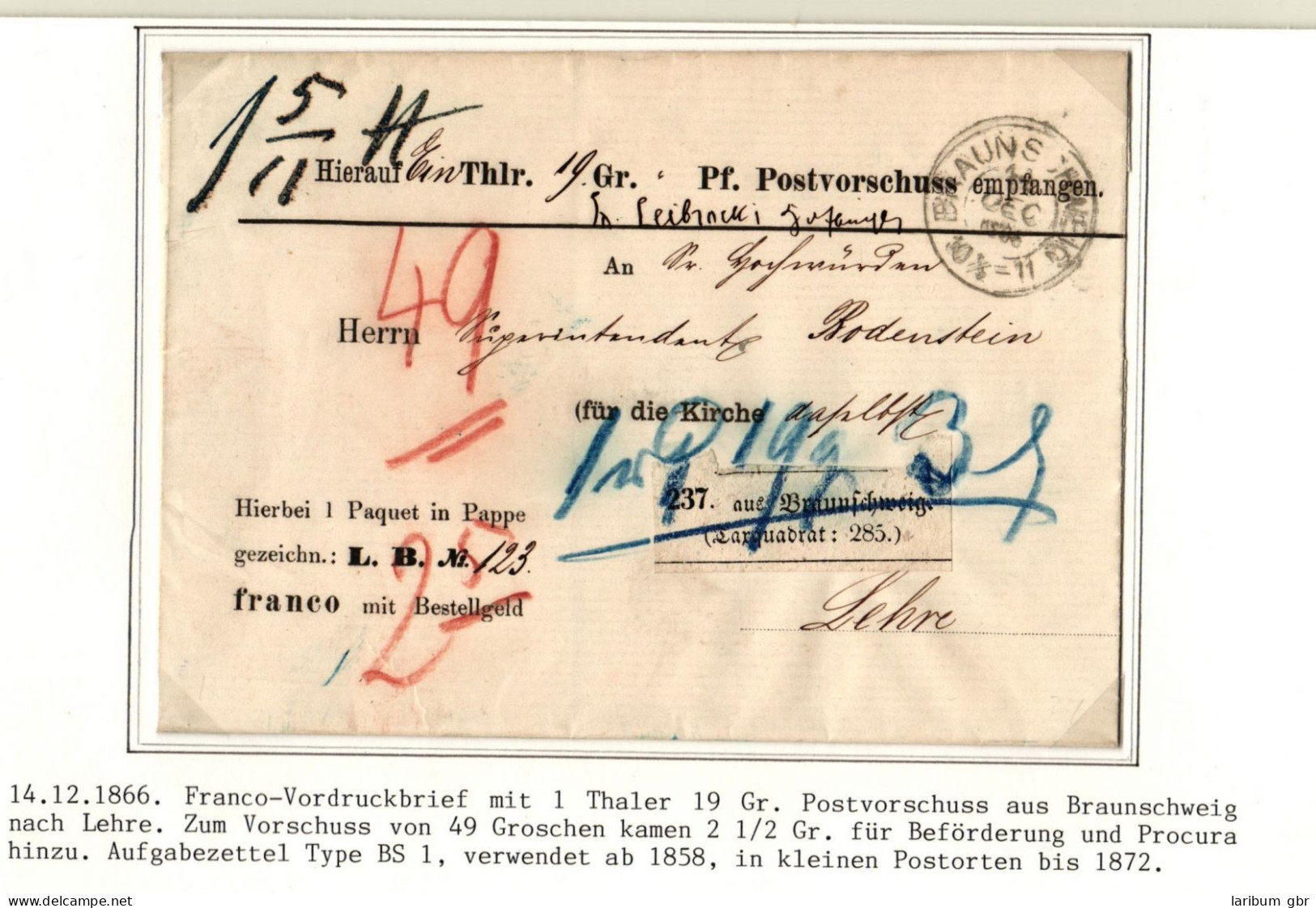 Braunschweig Paketbegleitbrief Postvorschuss Und Aufgabezettel #IB809 - Brunswick