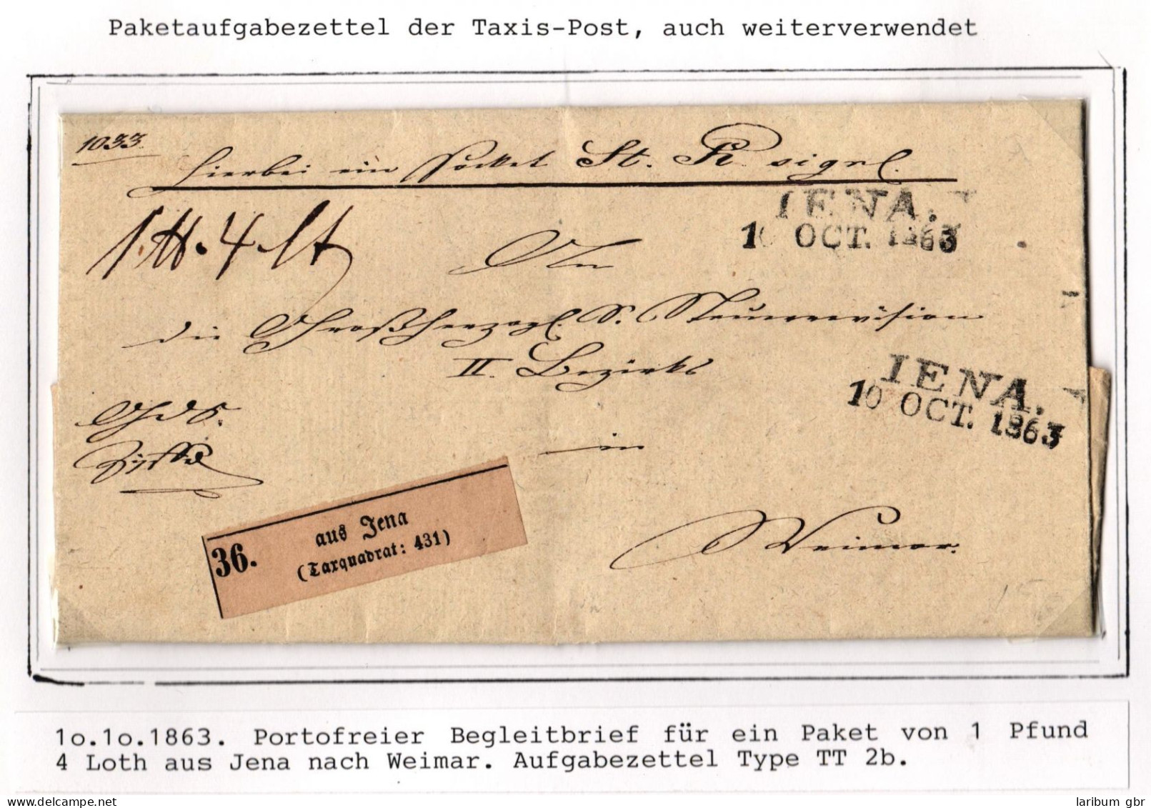 Thurn & Taxis Paketbegleitbrief Jena - Weimar, Aufgabezettel #IB984 - Covers & Documents