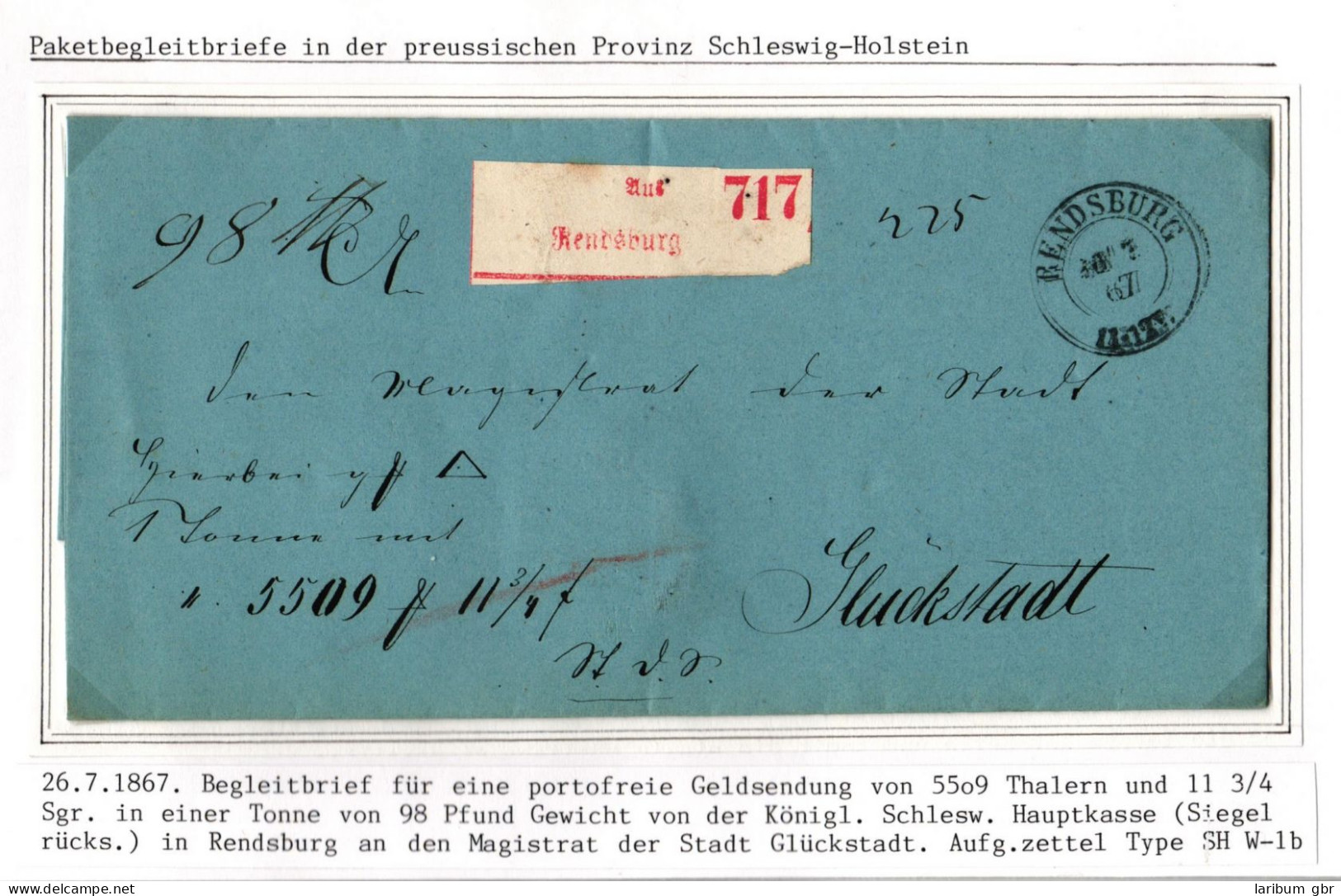 Norddeutscher Bund Paketbegleitbrief Rendsburg - Glückstadt Aufgabezettel #IB970 - Storia Postale