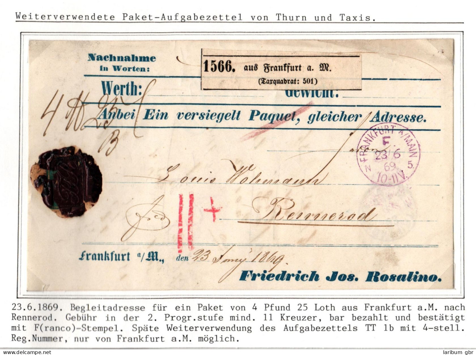 Norddeutscher Bund Paketaufgabezettel Frankfurt - Rennerod, Thurn & Taxis #IO504 - Lettres & Documents