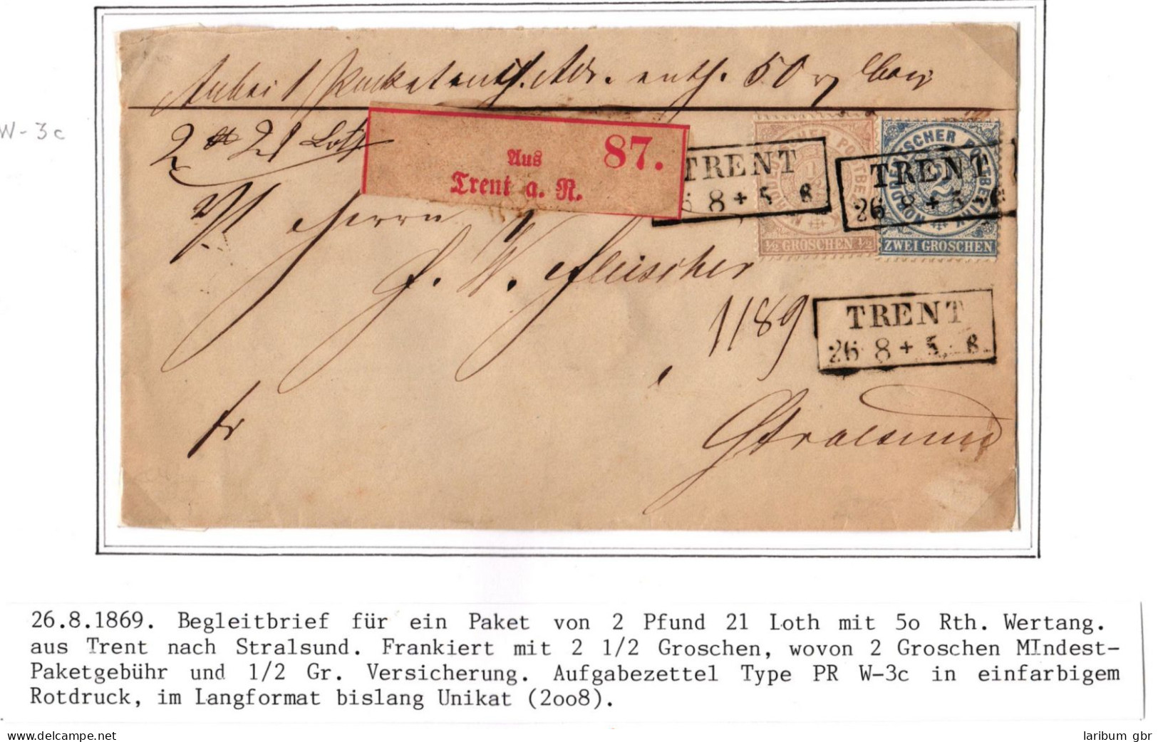 Norddeutscher Bund Paketbegleitbrief Wertsendung Trent - Stralsund #IO532 - Storia Postale