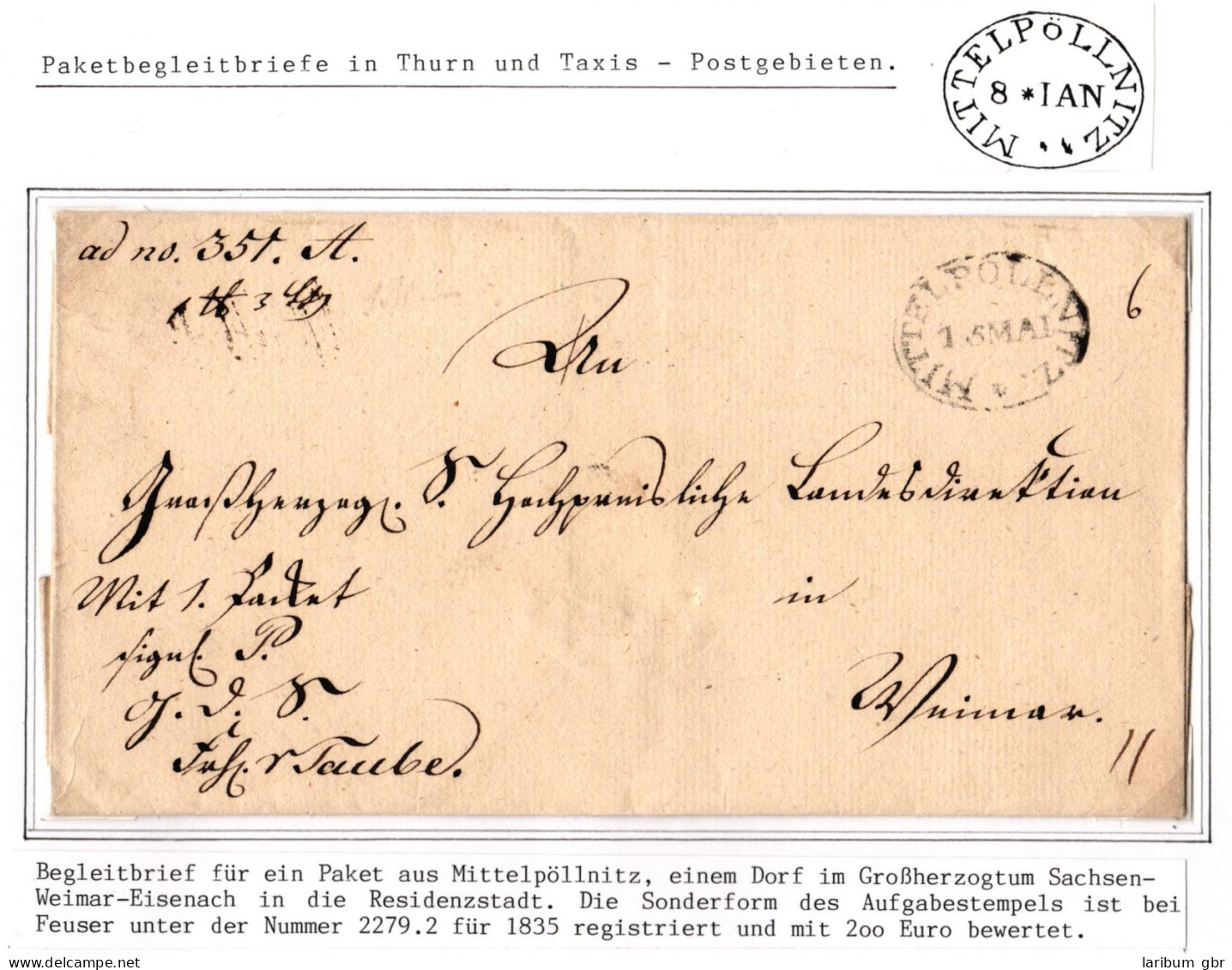 Thurn & Taxis Paketbegleitbrief Mittelpöllnitz - Weimar, Aufgabezettel #IB982 - Cartas & Documentos
