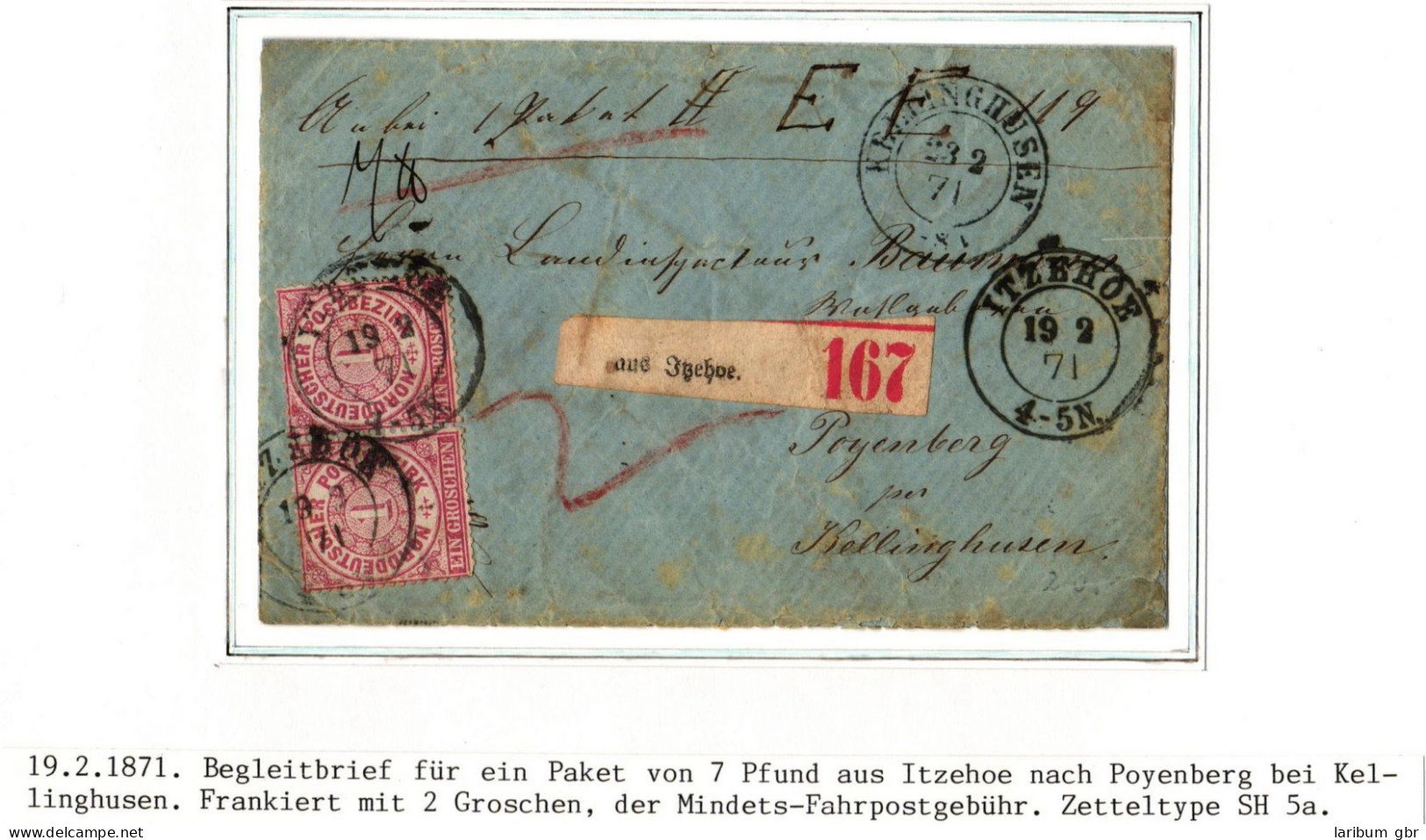 Norddeutscher Bund Paketbegleitbrief Itzehoe - Poyenberg, Aufgabezettel #IB969 - Cartas & Documentos