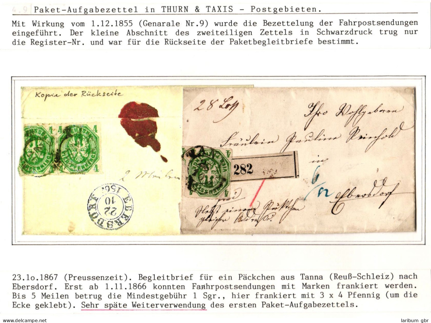 Preußen 14b (3x) Paketbegleitbrief Tanna - Ebersdorf, Aufgabezettel #IB980 - Storia Postale