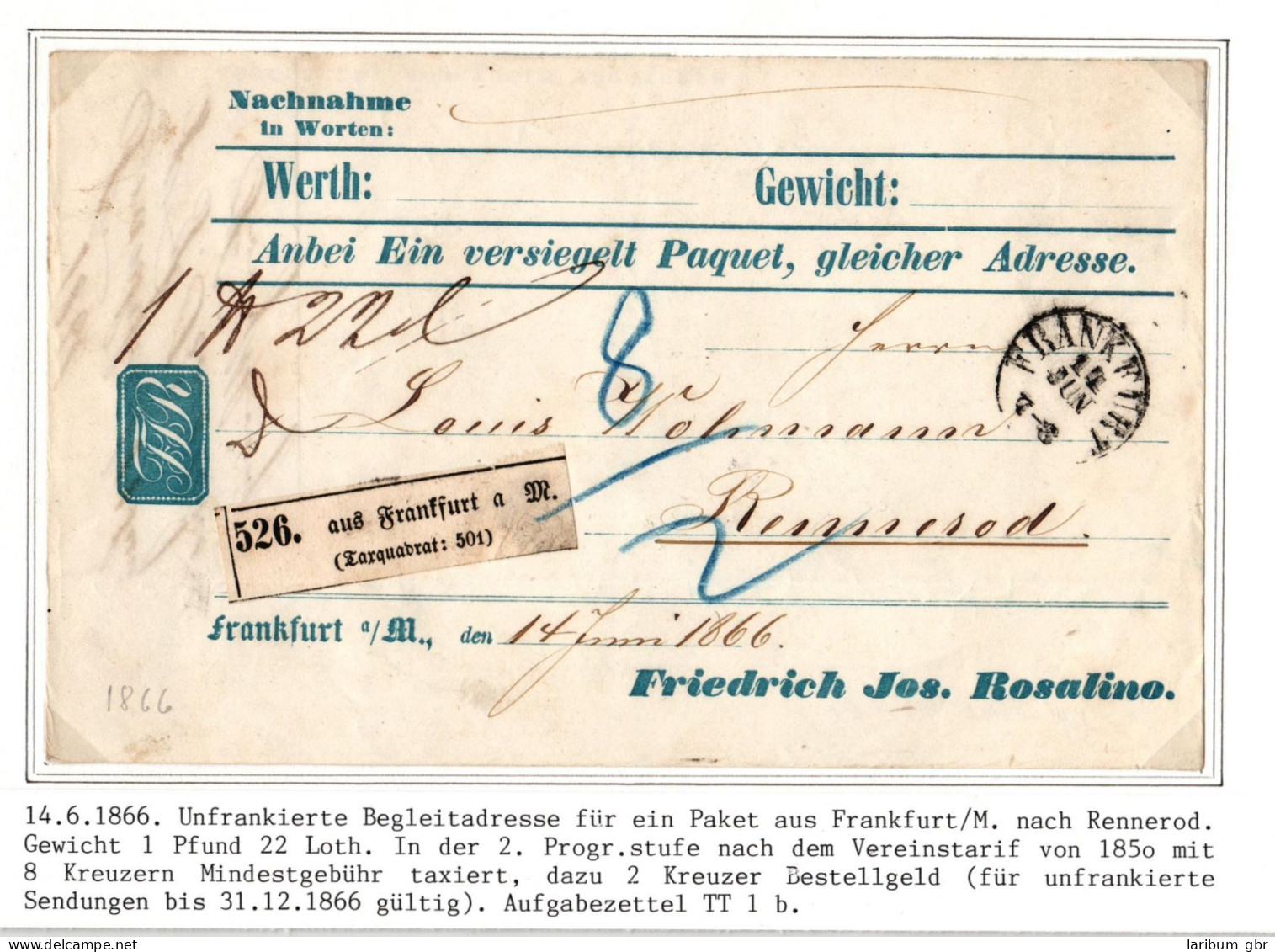 Thurn & Taxis Begleitadresse Frankfurt - Rennerod, Ausgabezettel #IB998 - Cartas & Documentos