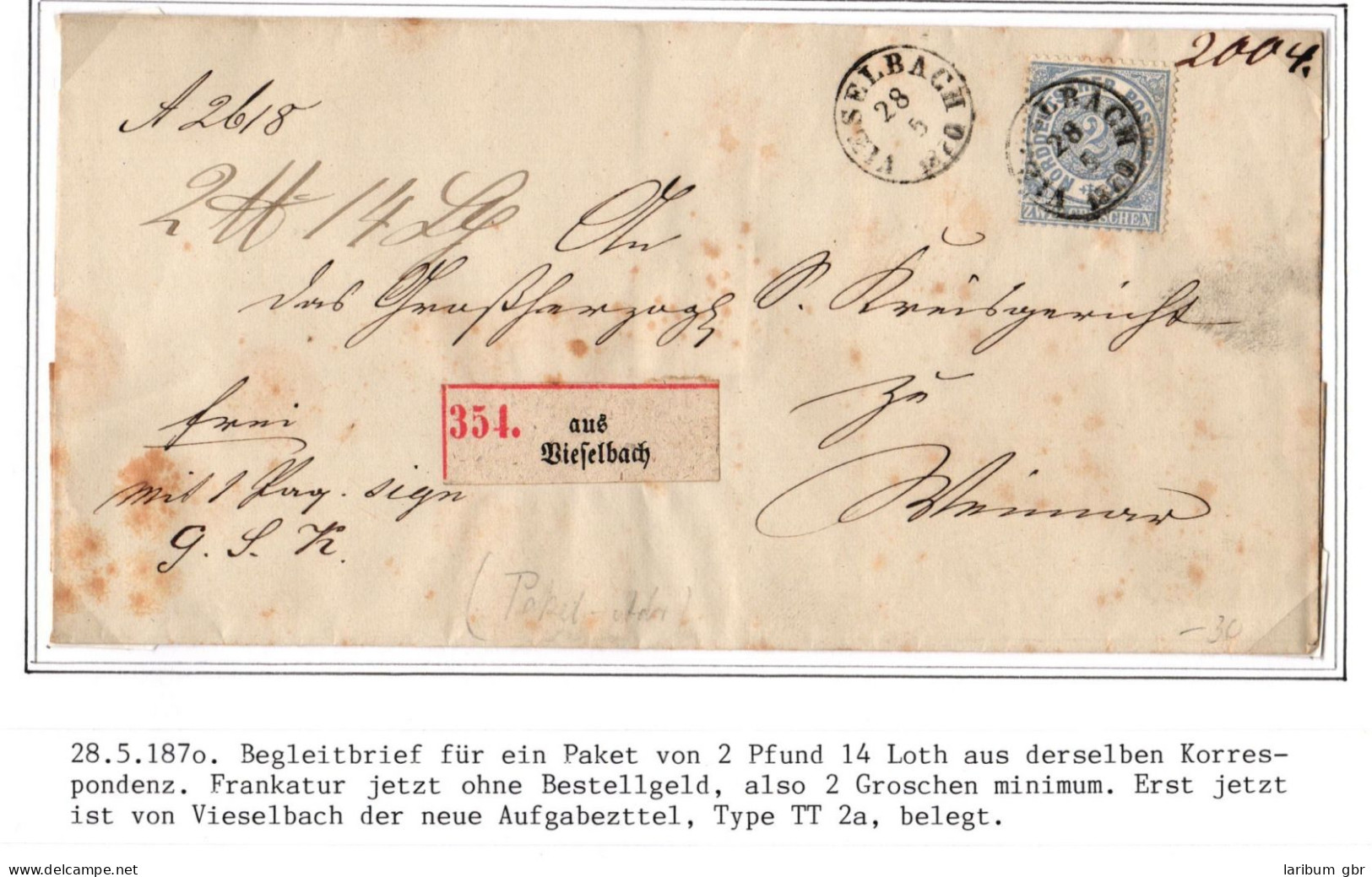 Norddeutscher Bund Paketbegleitbrief Aus Vieselbach, Thurn & Taxis #IO503 - Brieven En Documenten