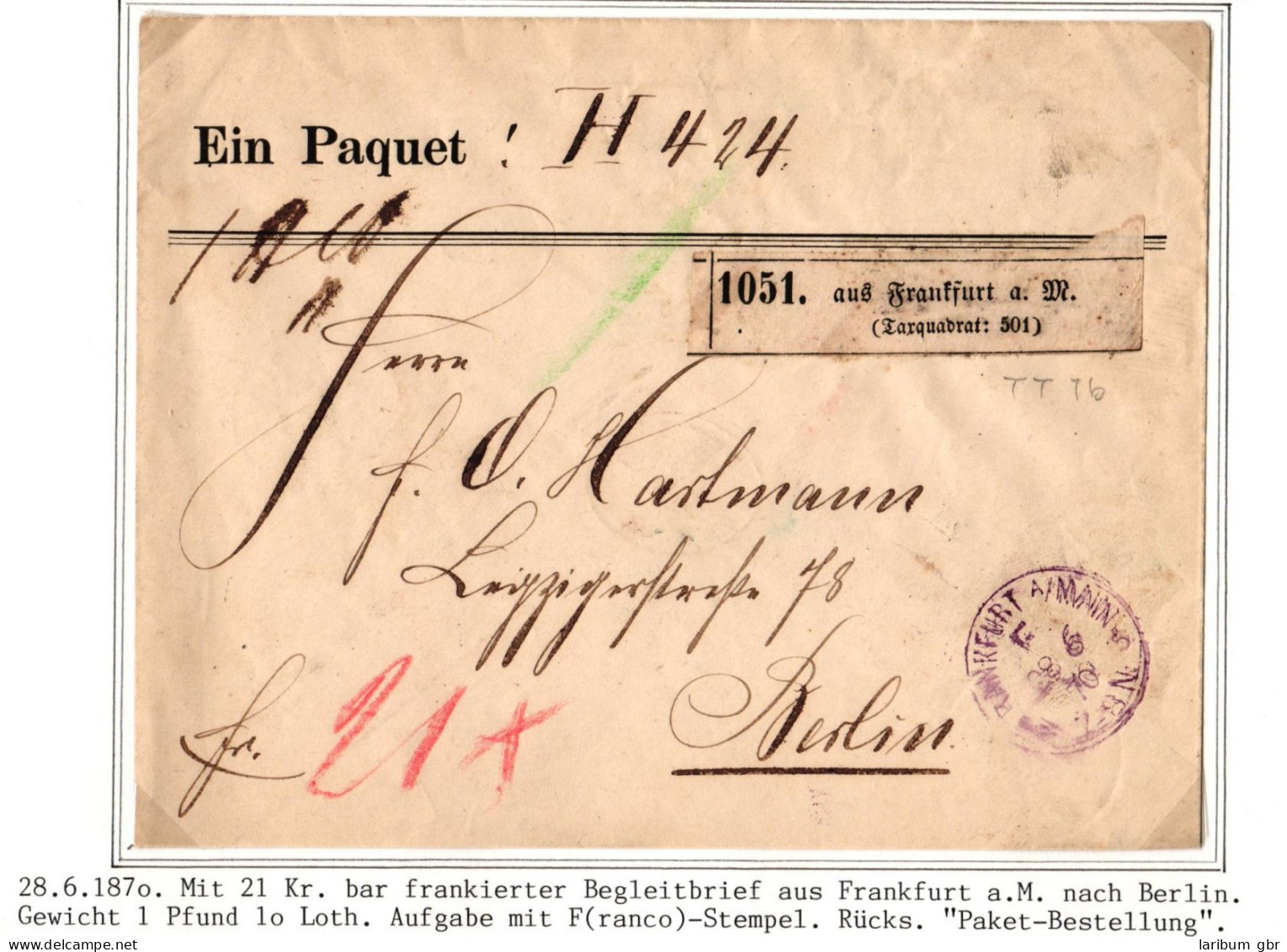 Thurn & Taxis Paketbegleitbrief Frankfurt - Berlin, 4-stellige Registernr #IB994 - Brieven En Documenten