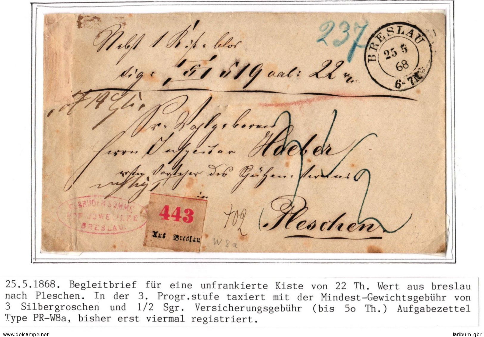 Preußen Paketbegleitbrief Aufgabezettel Breslau - Pleschen #IO541 - Storia Postale