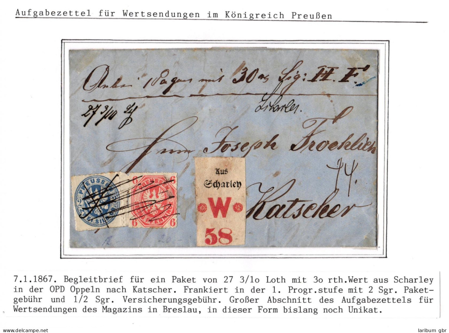 Preußen Paketbegleitbrief Aufgabezettel Scharley - Kratscher #IO553 - Briefe U. Dokumente