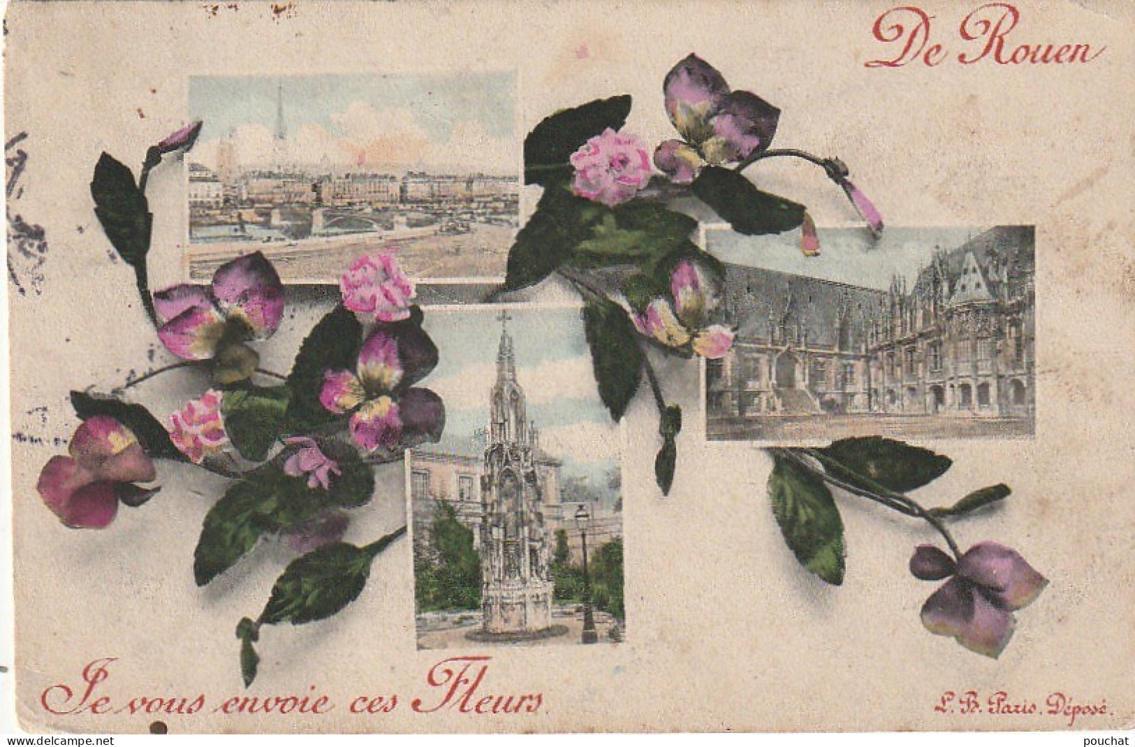 JA 11 -(76) " DE ROUEN JE VOUS ENVOIE CES FLEURS " - CARTE MULTIVUES COULEURS - FLEURS : ROSES  - 2 SCANS  - Rouen