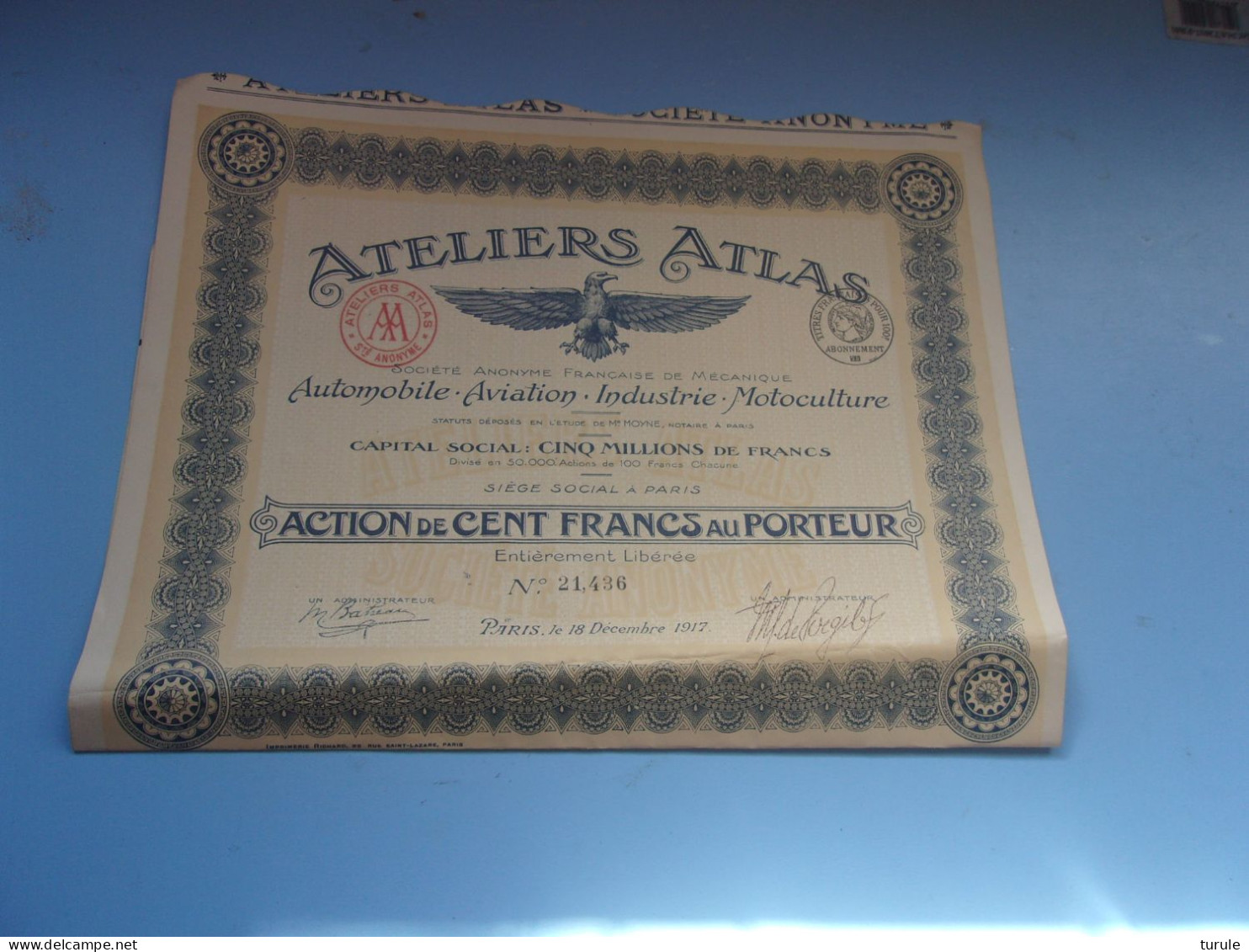 ATELIERS ATLAS (automobile,aviation) Imprimerie RICHARD - Autres & Non Classés