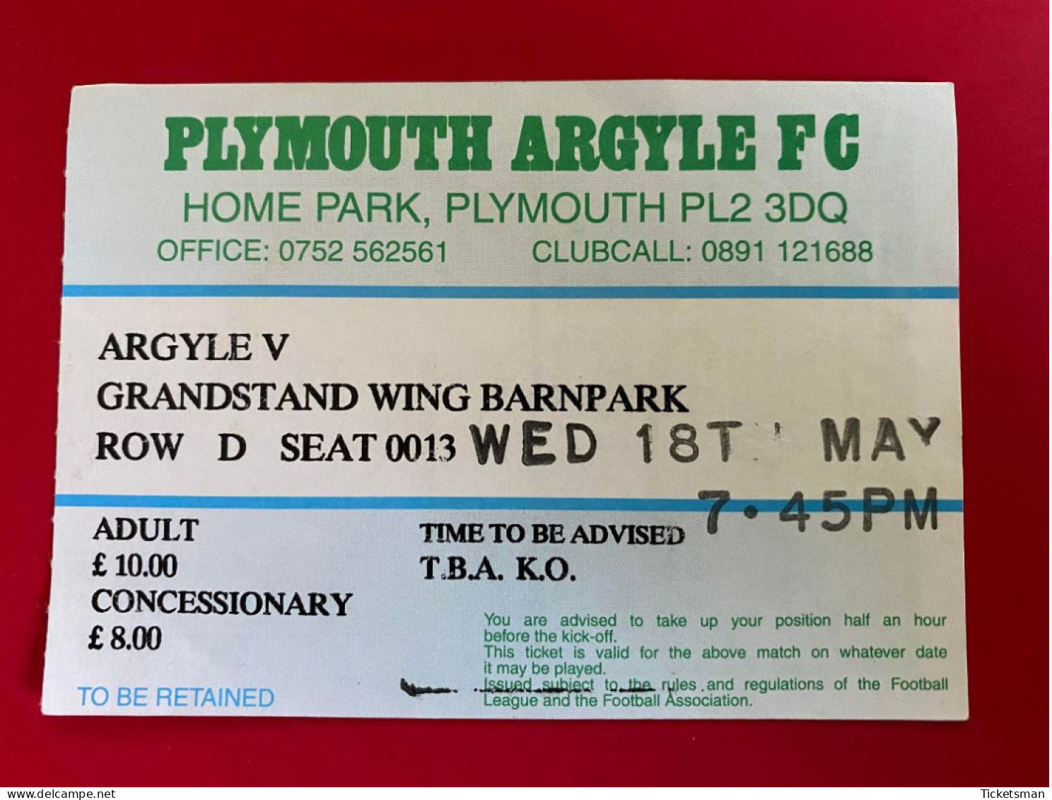 Football Ticket Billet Jegy Biglietto Eintrittskarte Plymouth Argyle - No Contest 18/05/?? - Tickets D'entrée