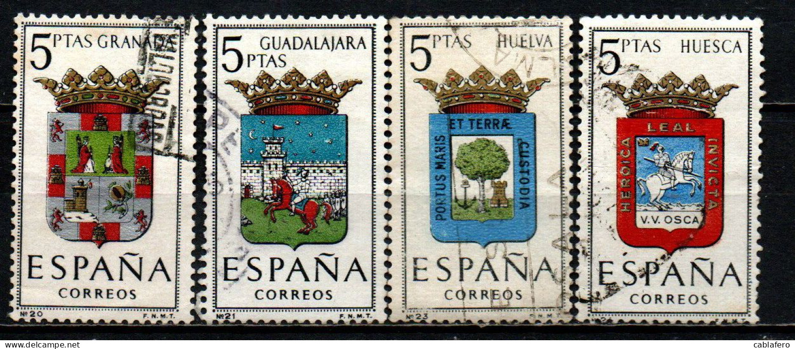 SPAGNA - 1963 - STEMMI DELLE PROVINCE SPAGNOLE: GRANADA, GUADALAJARA, HUELVA, HUESCA - USATI - Usati