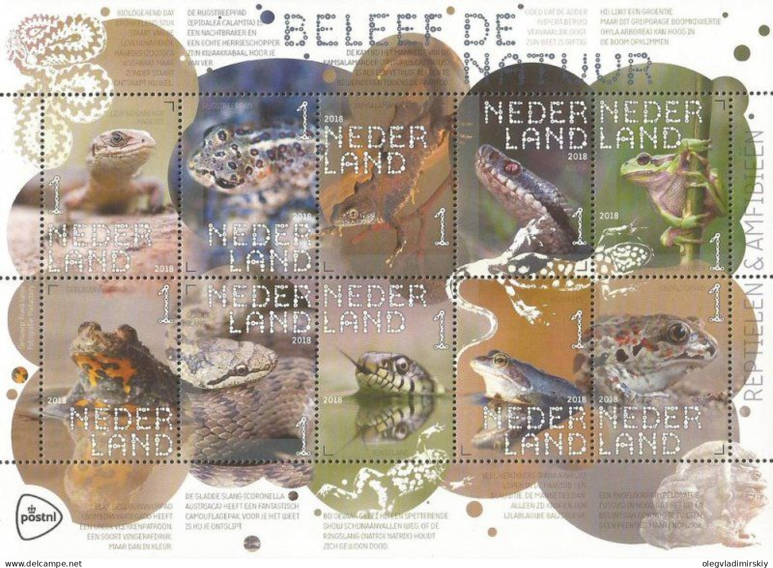 Netherlands Pays-Bas Niederlande 2018 Reptiles Frogs Set Of 10 Stamps In Block / Sheetlet MNH - Frösche