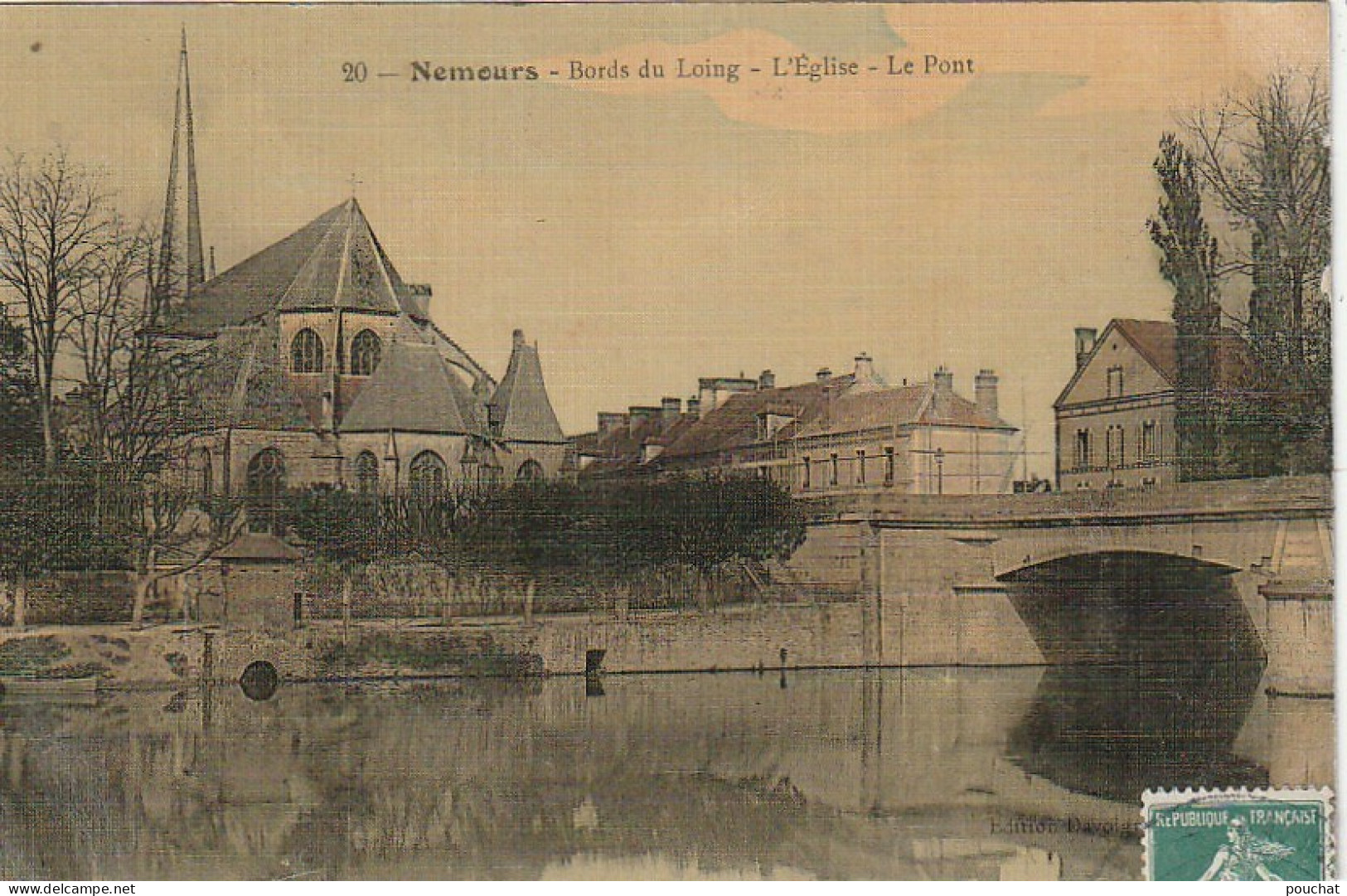 JA 15 -(77) NEMOURS - BORDS DU LOING - L ' EGLISE - LE PONT - CARTE TOILEE COLORISEE - 2 SCANS - Nemours