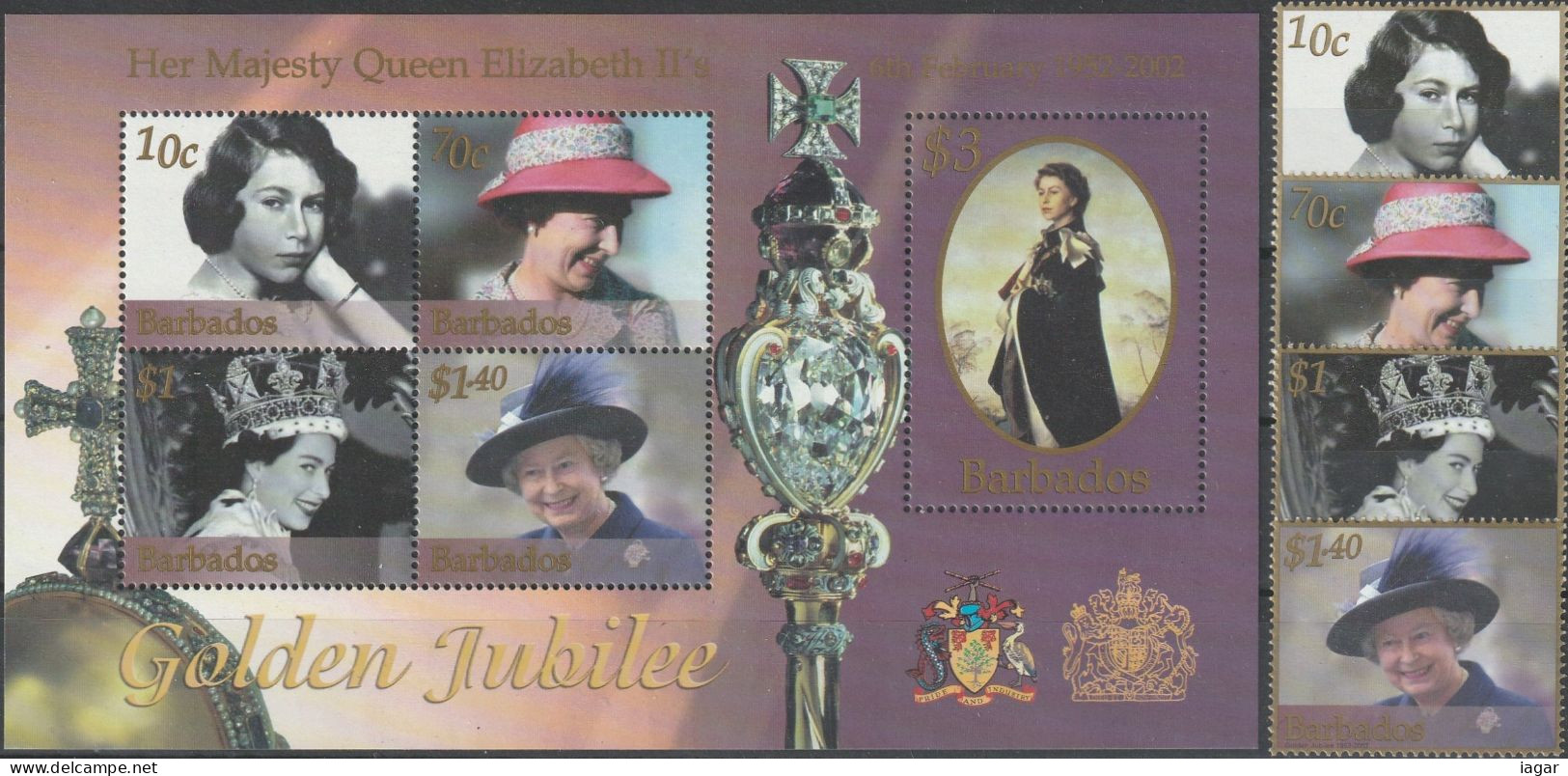 THEMATIC ROYAL HOUSES:  GOLDEN JUBILEE.  QUEEN EII YESTERDAY AND TODAY   -  4v+ MS    -   BARBADOS - Koniklijke Families