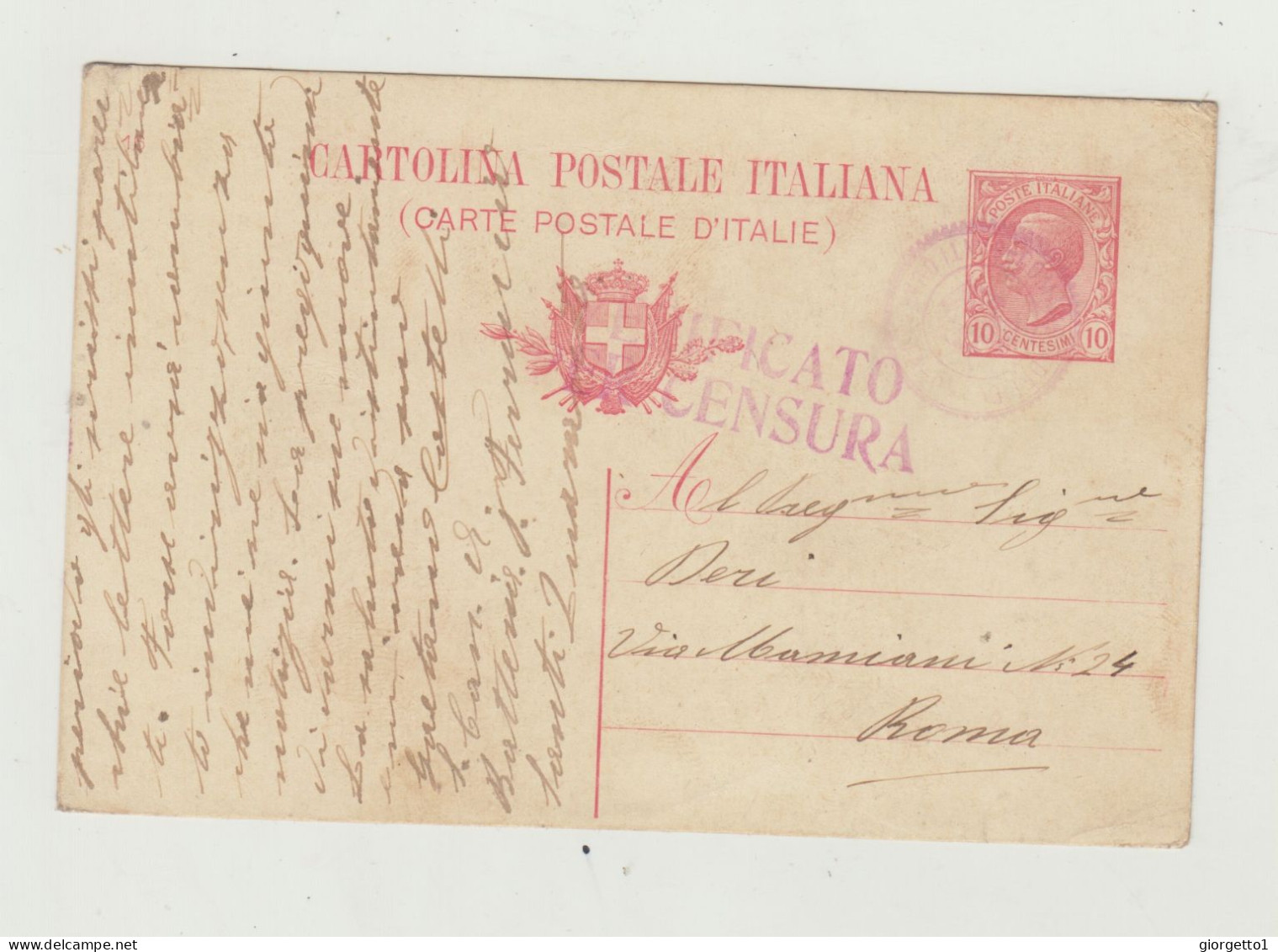 INTERO POSTALE DA 10 CENTESIMI - VIAGGIATA NEL 1917 VERSO ROMA CON CENSURA WW1 - Ganzsachen