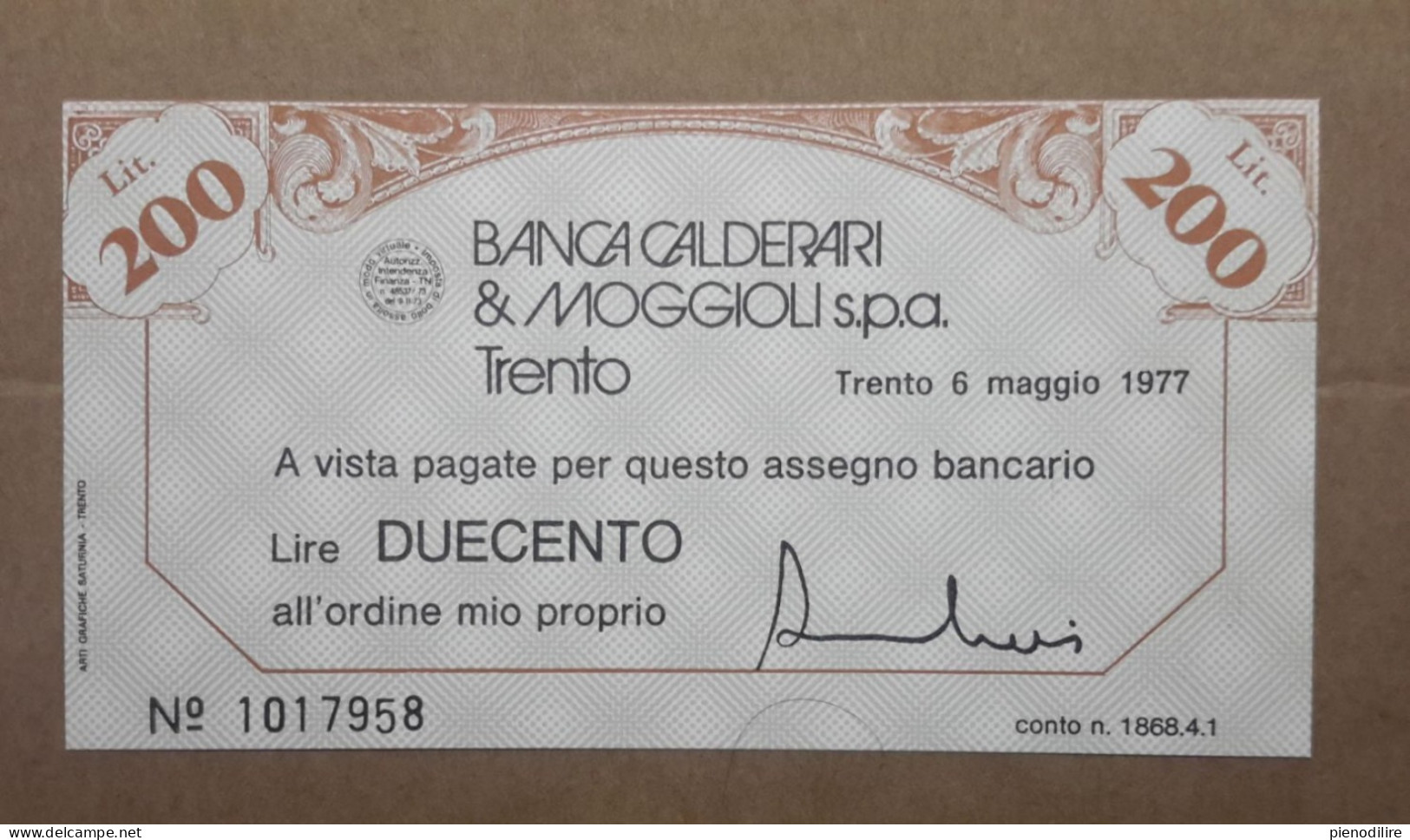 BANCA CALDERARI E MOGGIOLI S.P.A. TRENTO. 200 LIRE 06.05.1977 (A1.96) - [10] Cheques Y Mini-cheques