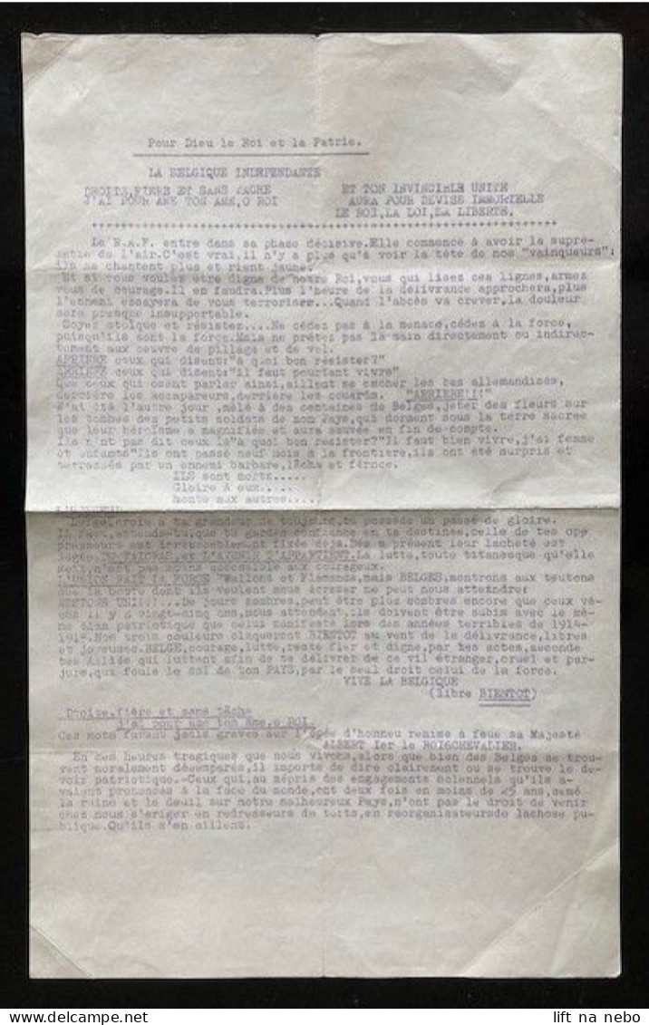 Tract Presse Clandestine Résistance Belge WWII WW2 'Pour Dieu Le Roi Et La Patrie' 2 Pages - Documenten