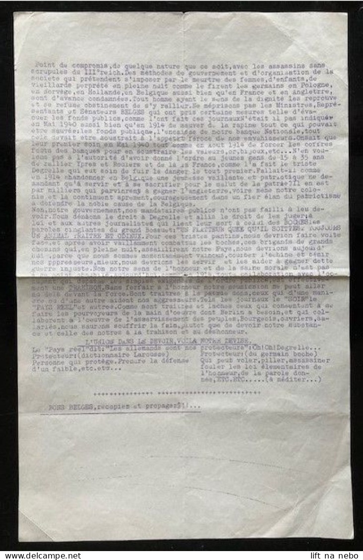 Tract Presse Clandestine Résistance Belge WWII WW2 'Pour Dieu Le Roi Et La Patrie' 2 Pages - Dokumente