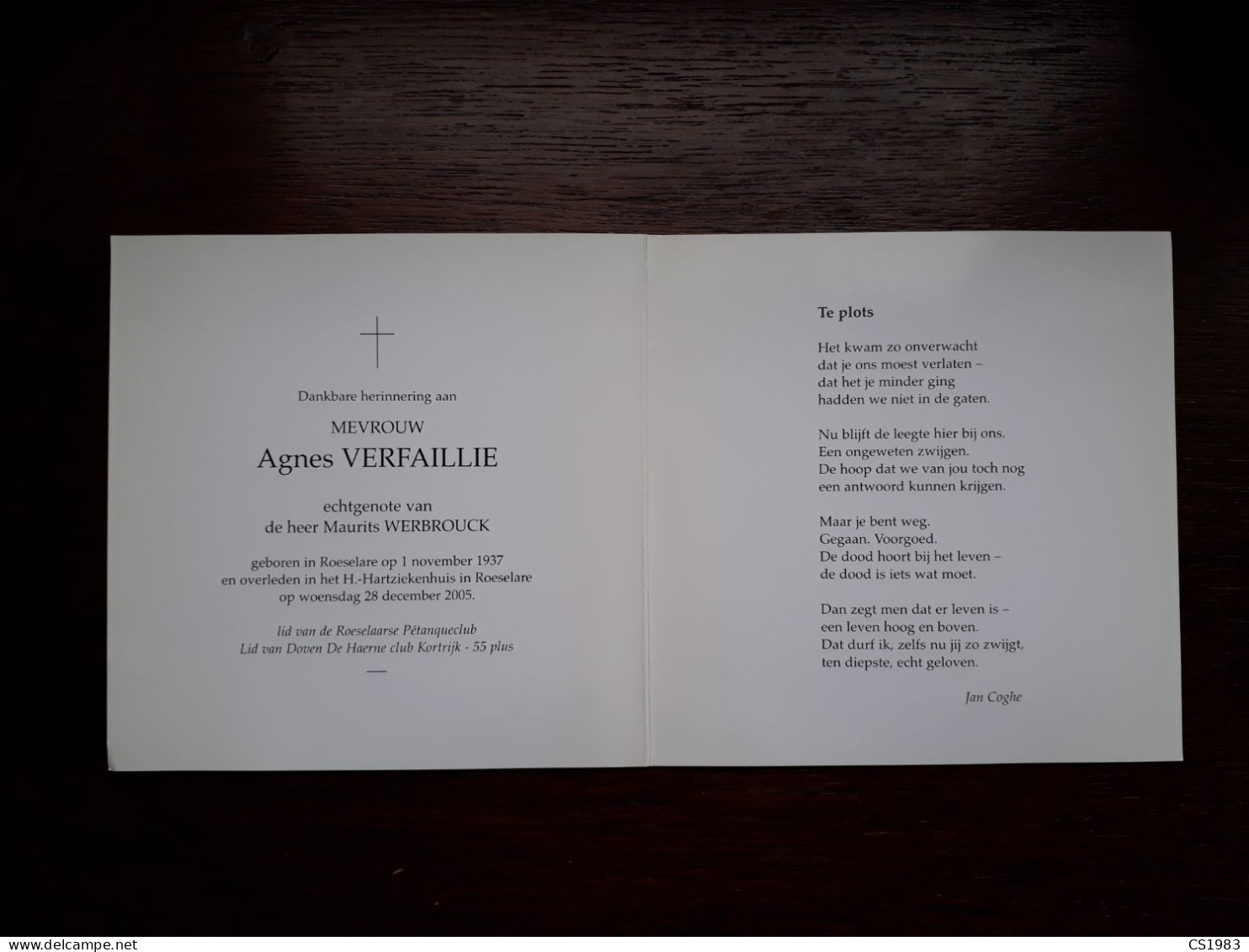 Agnes Verfaillie ° Roeselare 1937 + Roeselare 2005 X Maurits Werbrouck (Fam: Bossuyt-Vandewalle-Dufoor-Rommelaere) - Obituary Notices