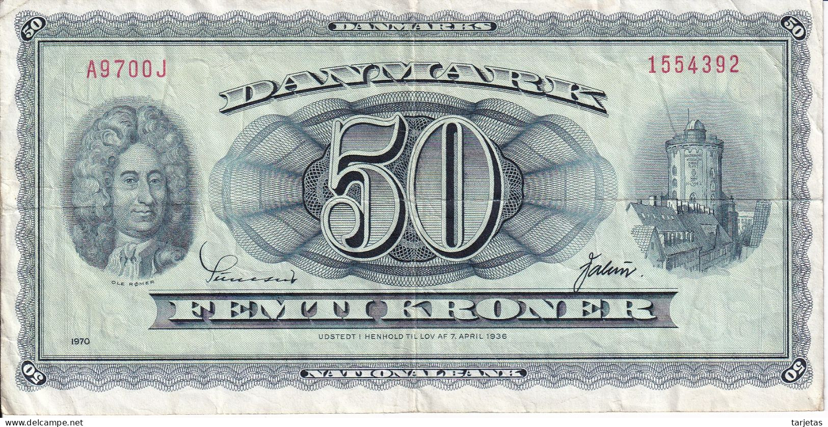 BILLETE DE DINAMARCA DE 50 KRONER DEL AÑO 1970 (BANKNOTE) RARO - Dinamarca
