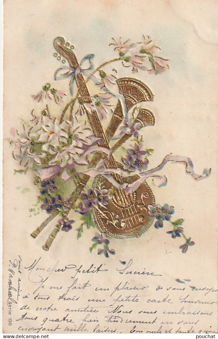 JA 25 - CARTE FANTAISIE GAUFREE - INSTRUMENTS DE MUSIQUE DORES : MANDOLINE , BOMBARDE - FLEURS : VIOLETTES - 2 SCANS - Autres & Non Classés