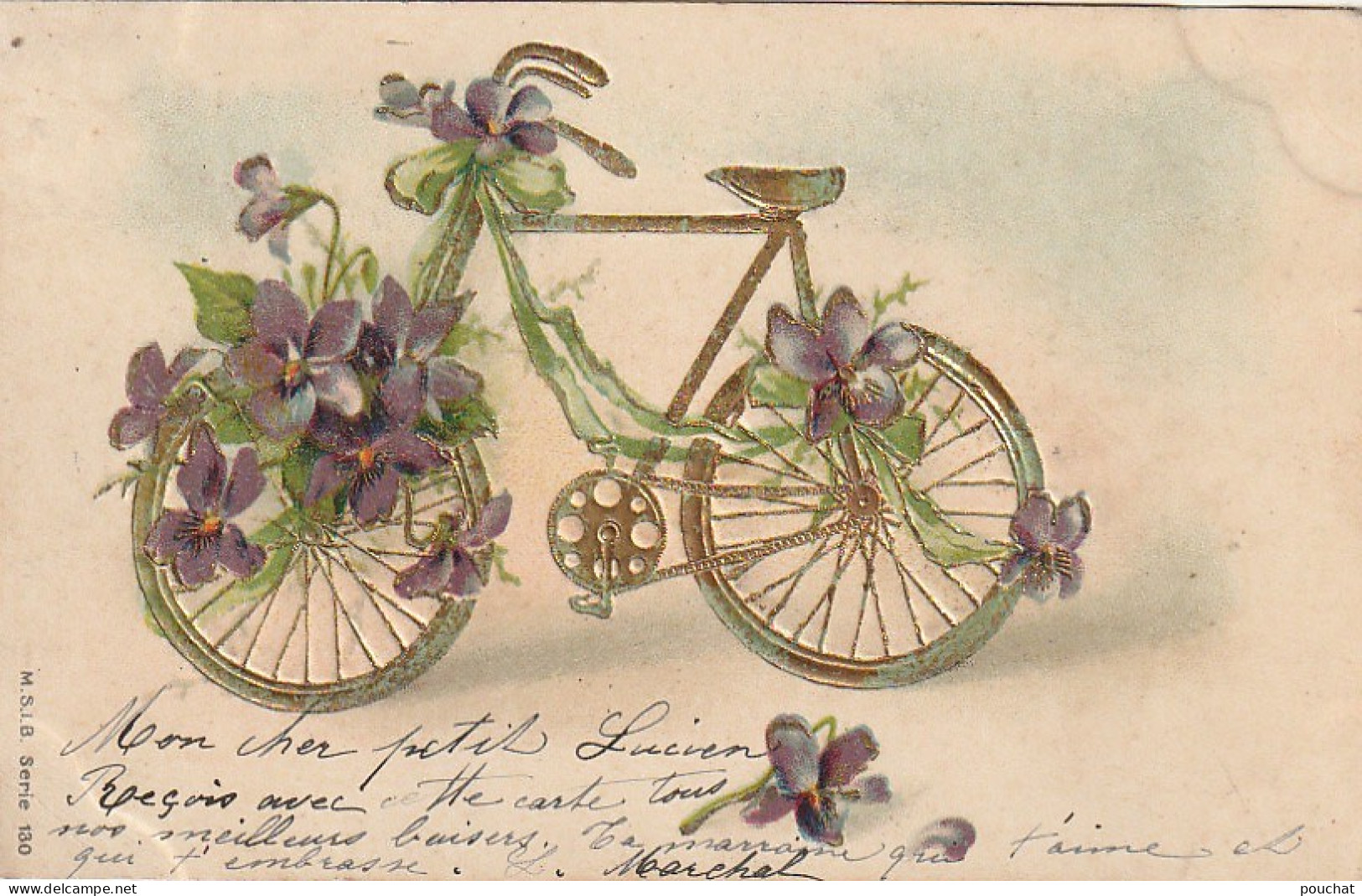 JA 25 - CARTE FANTAISIE GAUFREE - BICYCLETTE DOREE DECOREE DE FLEURS : VIOLETTES - 2 SCANS - Autres & Non Classés