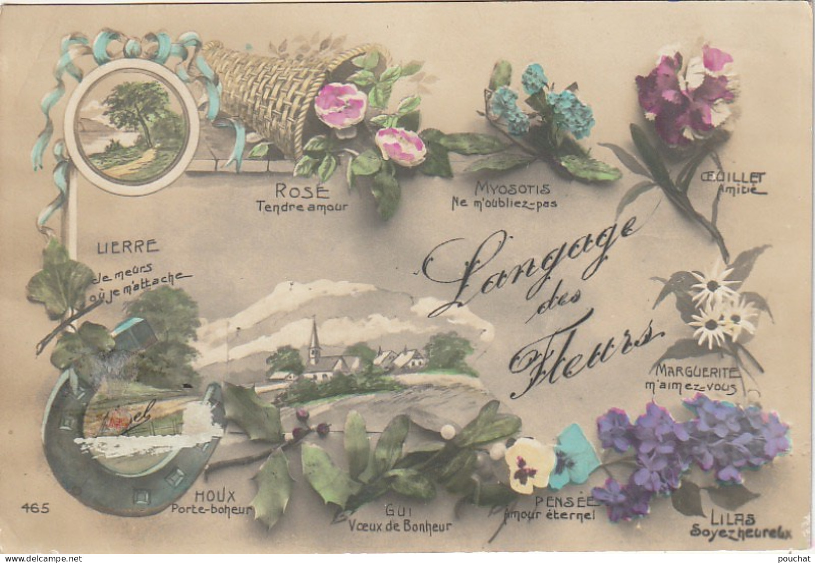 JA 25 - LANGAGE DES FLEURS  - CARTE FANTAISIE - PAYSAGE , TREFLE  , FER A CHEVAL - 2 SCANS - Fleurs