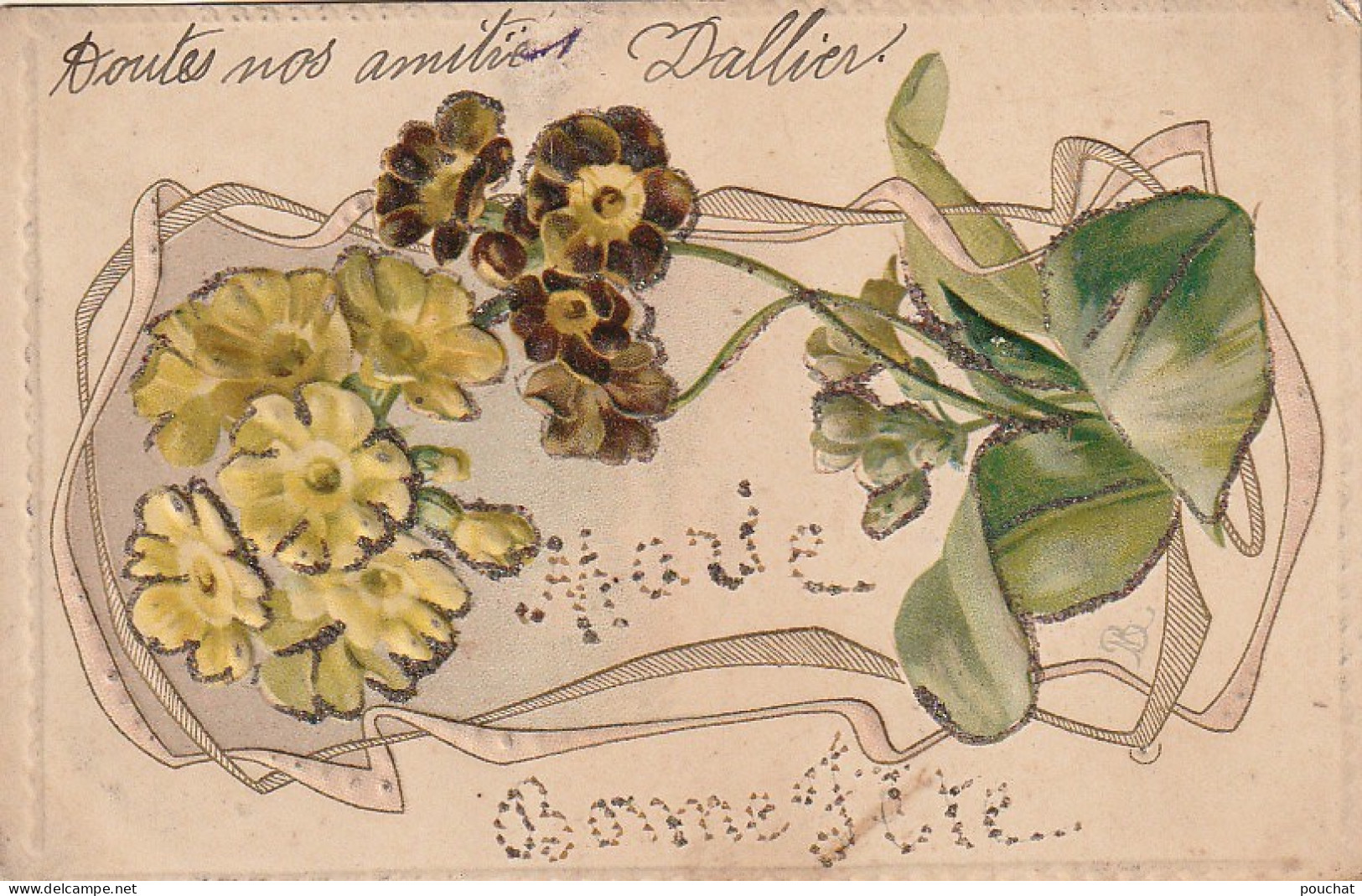 JA 25 - CARTE FANTAISIE GAUFREE AVEC BRILLANTS - FLEURS  - 2 SCANS - Other & Unclassified