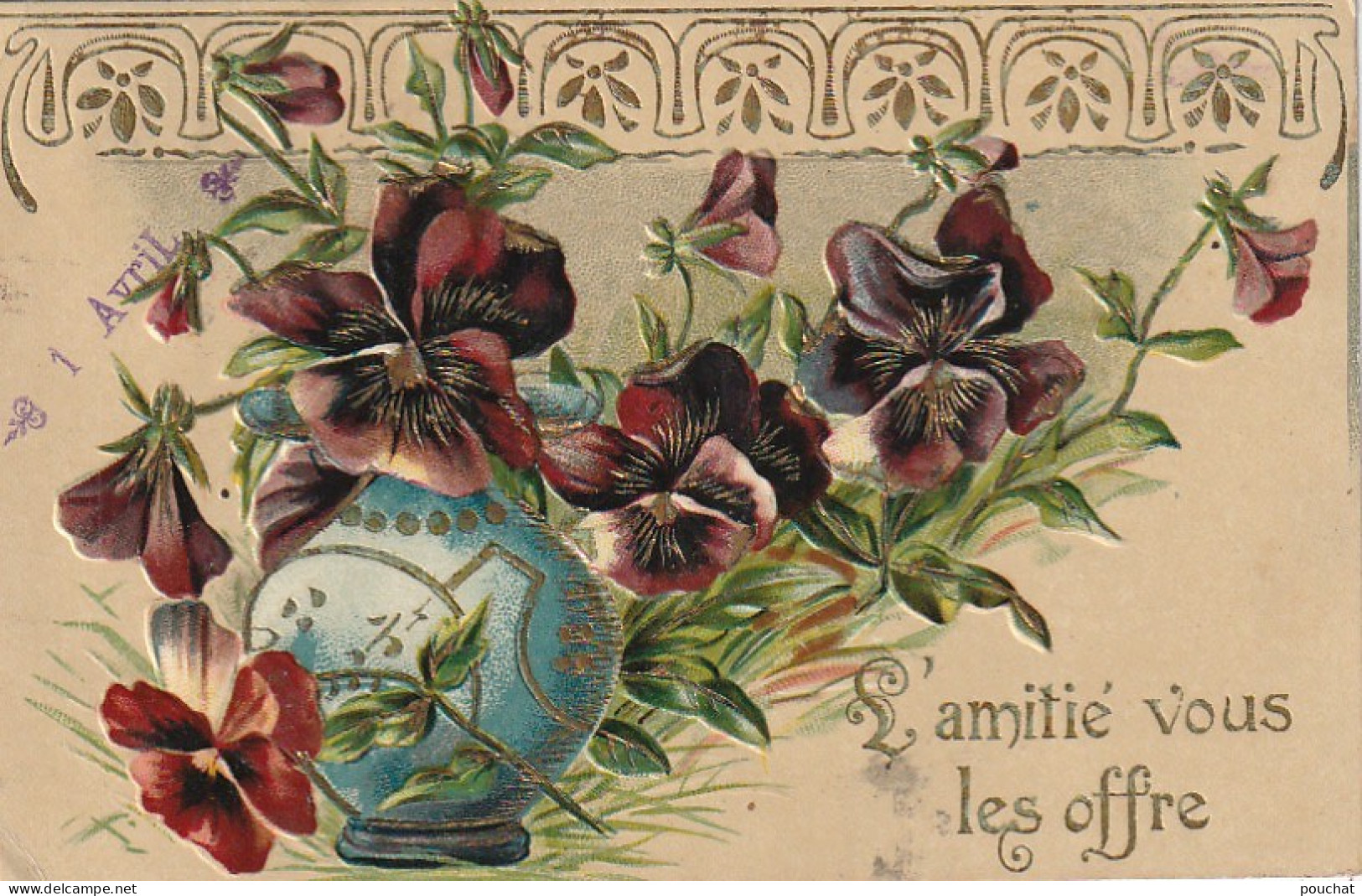 JA 25 - " L' AMITIE VOUS LES OFFRE " - CARTE FANTAISIE GAUFREE - VASE DE FLEURS : PENSEES - 2 SCANS - Other & Unclassified