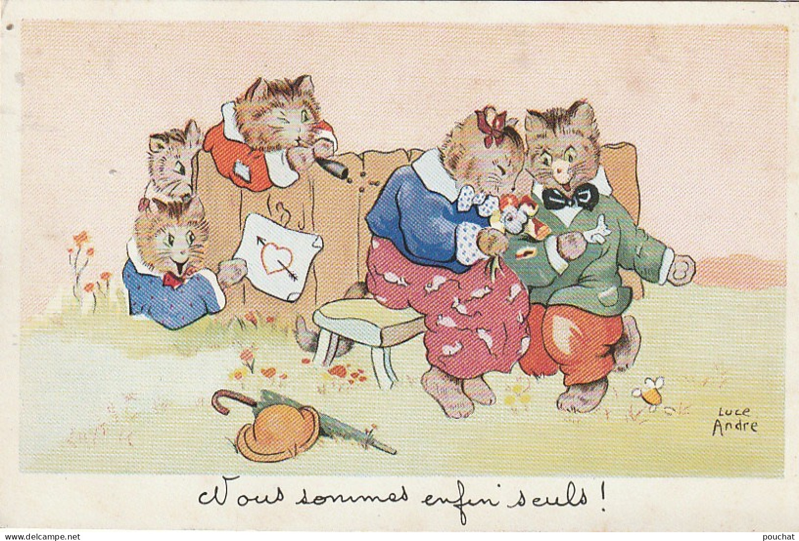 JA 26 - COUPLE DE CHATS AMOUREUX AVEC CHATONS ESPIEGLES  - "NOUS SOMMES ENFIN SEULS !"- ILLUSTRATEUR L . ANDRE - 2 SCANS - Chats