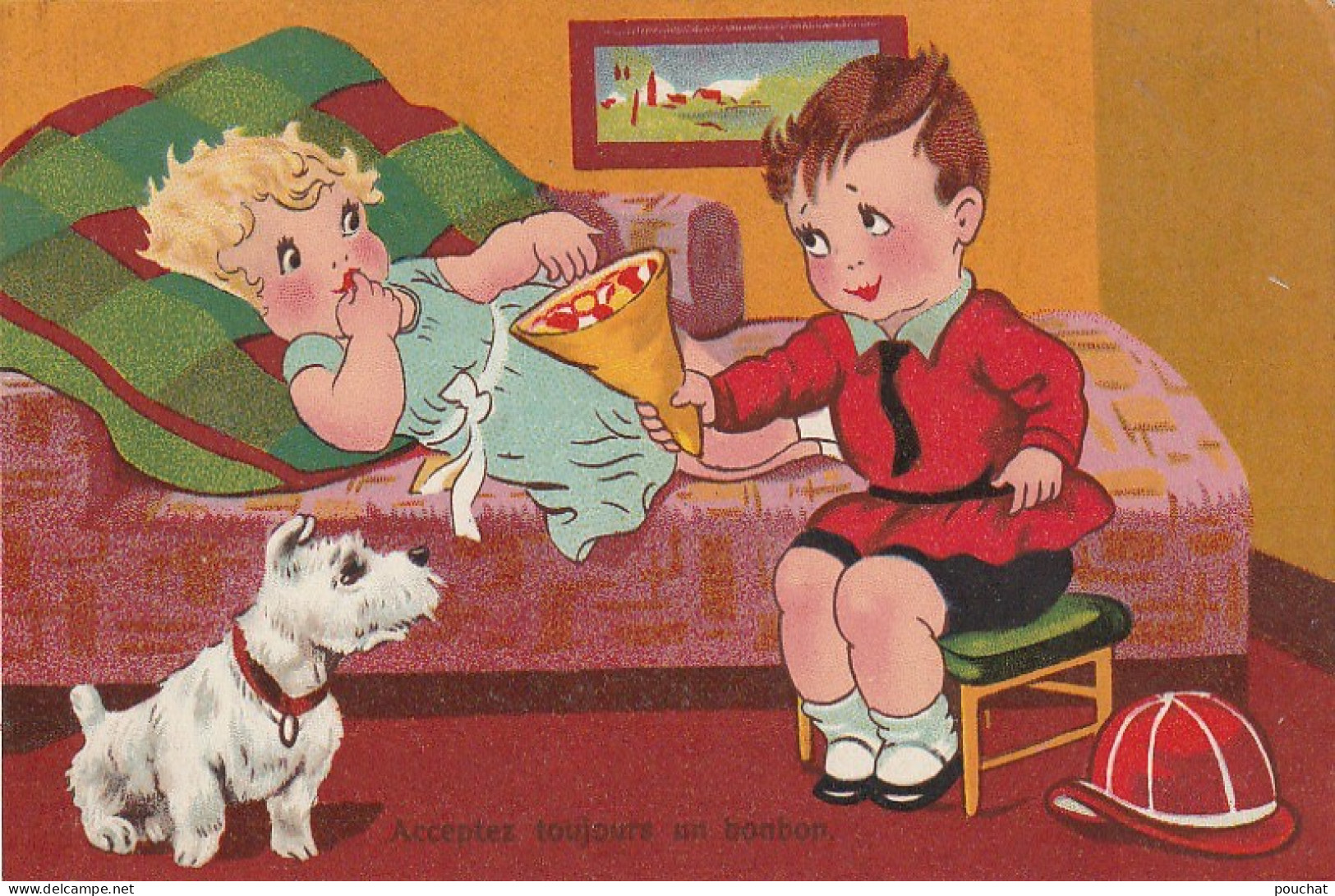 JA 26 - " ACCEPTEZ TOUJOURS UN BONBON "- COUPLE D' ENFANTS AVEC CORNET DE FRIANDISES ET CHIEN  TERRIER - 2 SCANS - Cani