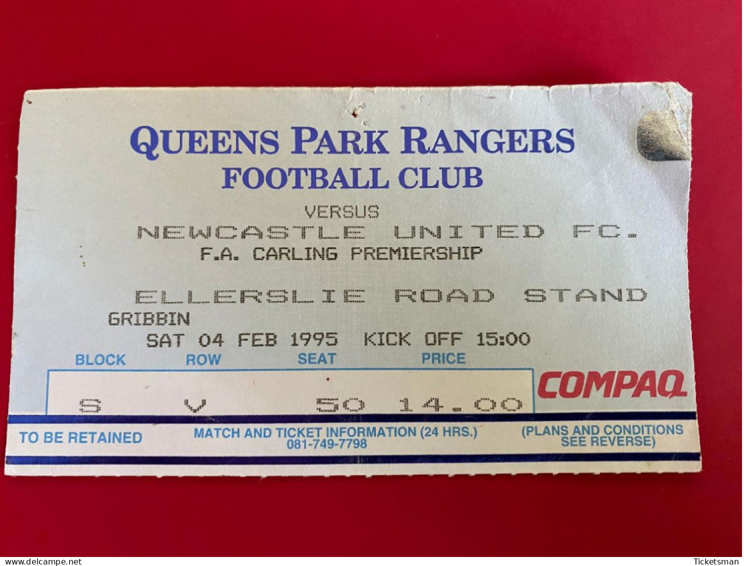 Football Ticket Billet Jegy Biglietto Eintrittskarte Q.P.R. - FC Newcastle 04/02/1995 - Toegangskaarten