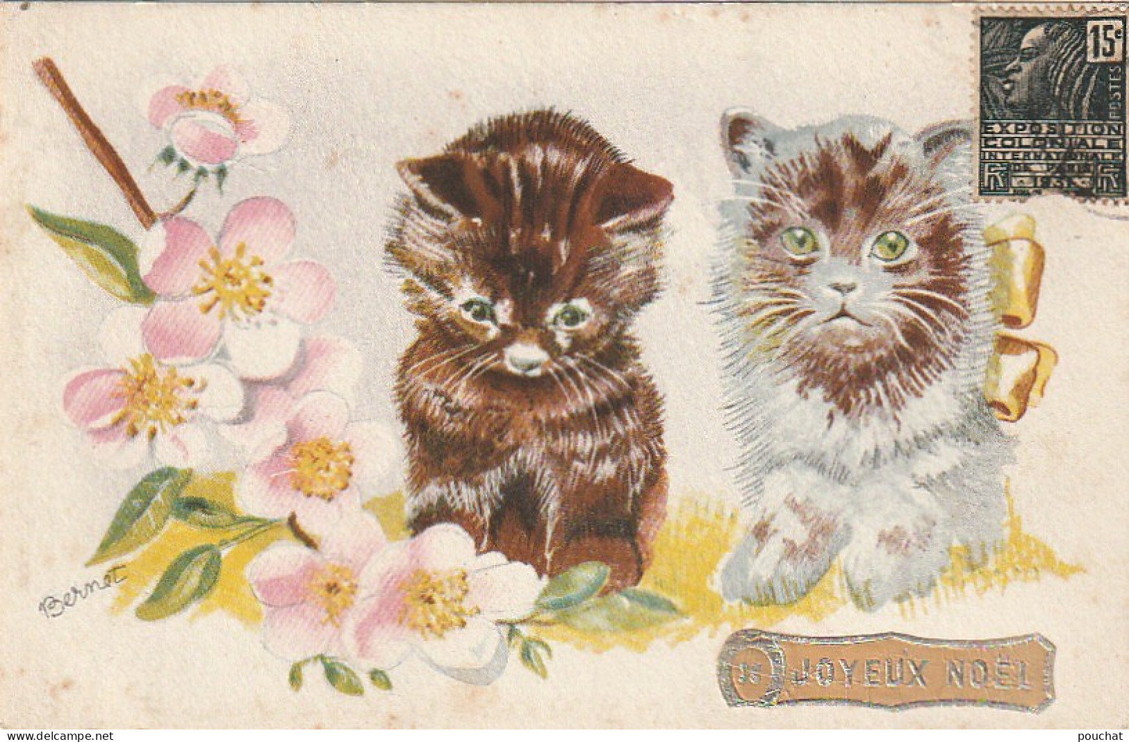 JA 27-  " JOYEUX NOEL " - COUPLE DE CHATONS AVEC BRANCHE DE CERISIER EN FLEURS - ILLUSTRATEUR BERNET- 2 SCANS - Gatos