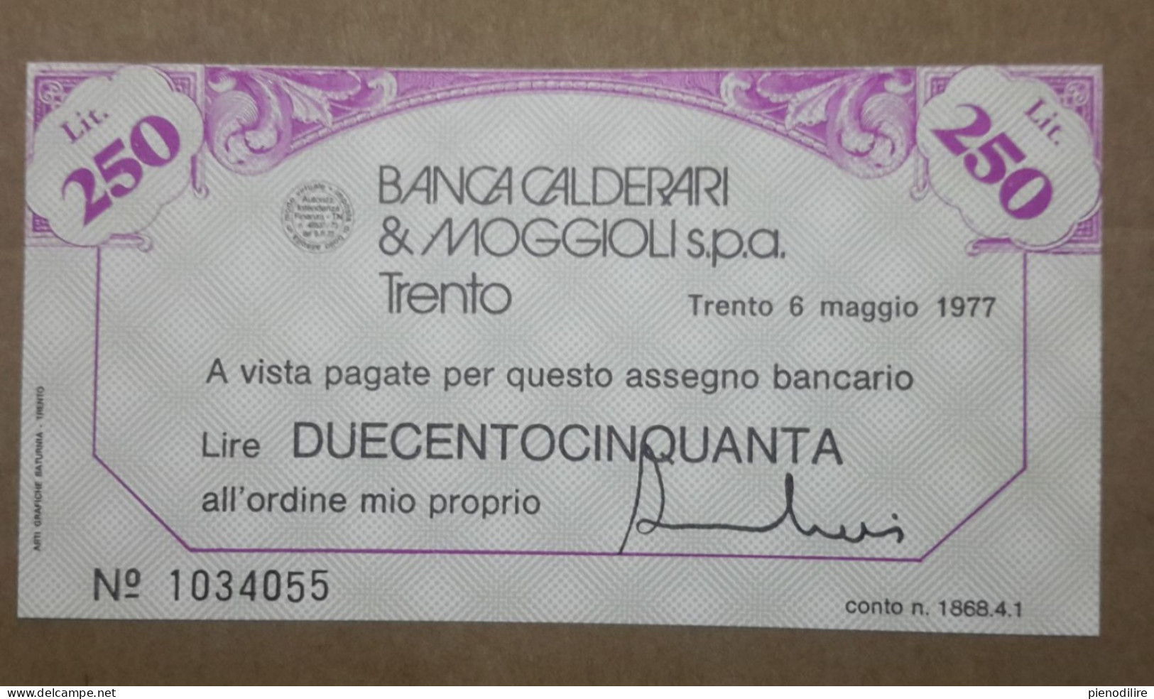 BANCA CALDERARI E MOGGIOLI S.P.A. TRENTO. 250 LIRE 06.05.1977 (A1.97) - [10] Cheques Y Mini-cheques