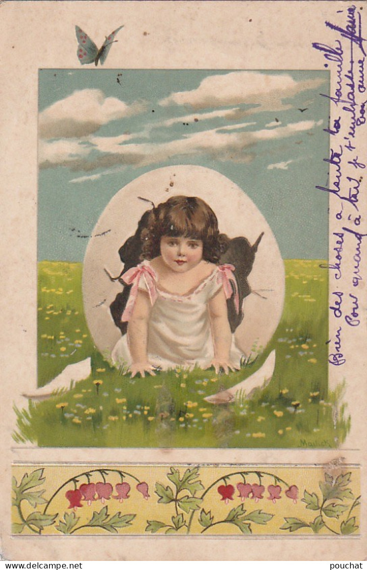 KO 1 - CARTE FANTAISIE - ECLOSION D'UN OEUF AVEC ENFANT DANS UNE PRAIRIE - FRISE   - 2 SCANS - 1900-1949