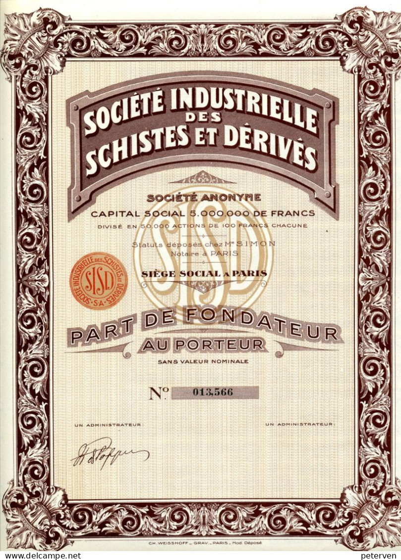 INDUSTRIELLE Des SCHISTES Et DÉRIVÉS; Part De Fondateur - Mijnen