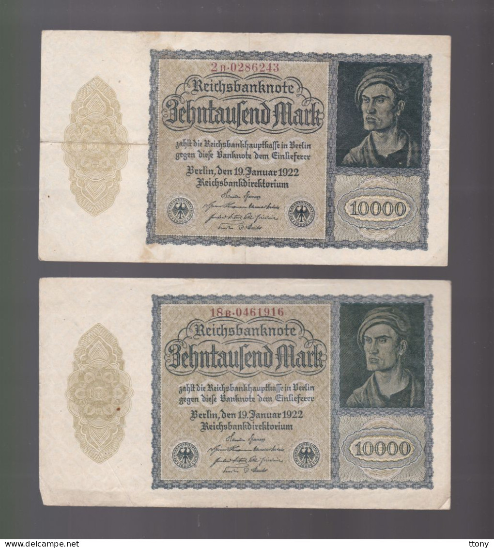 2 Billets  Allemagne    10000 Mark   Reichsbanknote  1922    République De Weimar - 10000 Mark