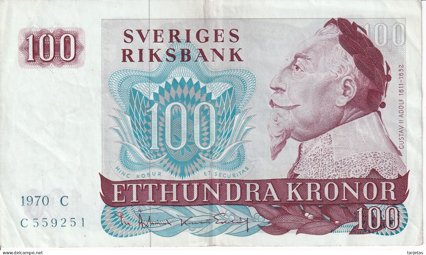 BILLETE DE SUECIA DE 100 KRONOR DEL AÑO 1970 EN CALIDAD EBC (XF)  (BANKNOTE) GUSTAV II ADOLF - Svezia