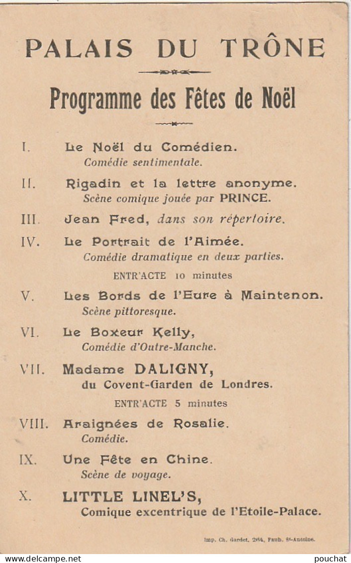 KO 3 - PALAIS DU TRONE - PROGRAMME DES FETES DE NOEL - ILLUSTRATION ARTISTES  MONTMARTRE DEVANT LE MOULIN ROUGE- 2 SCANS - Reclame