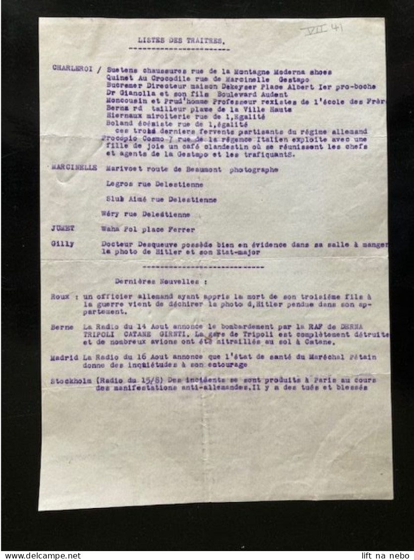 Tract Presse Clandestine Résistance Belge WWII WW2 'Listes Des Traîtres' Charleroi / Suetens Chaussures Rue... - Documentos