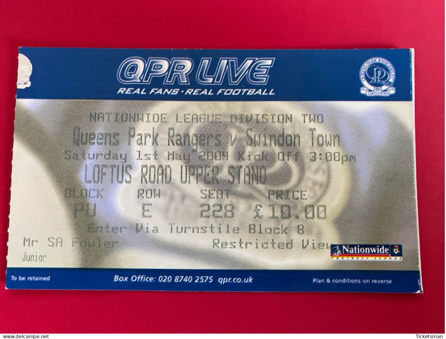 Football Ticket Billet Jegy Biglietto Eintrittskarte Q.P.R. - Swindown Town 01/05/2004 - Tickets - Vouchers