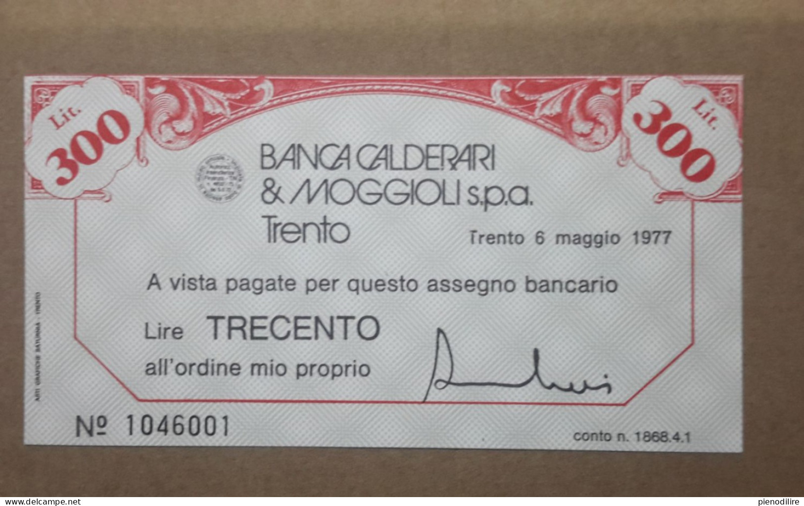 BANCA CALDERARI E MOGGIOLI S.P.A. TRENTO. 300 LIRE 06.05.1977 (A1.98) - [10] Chèques